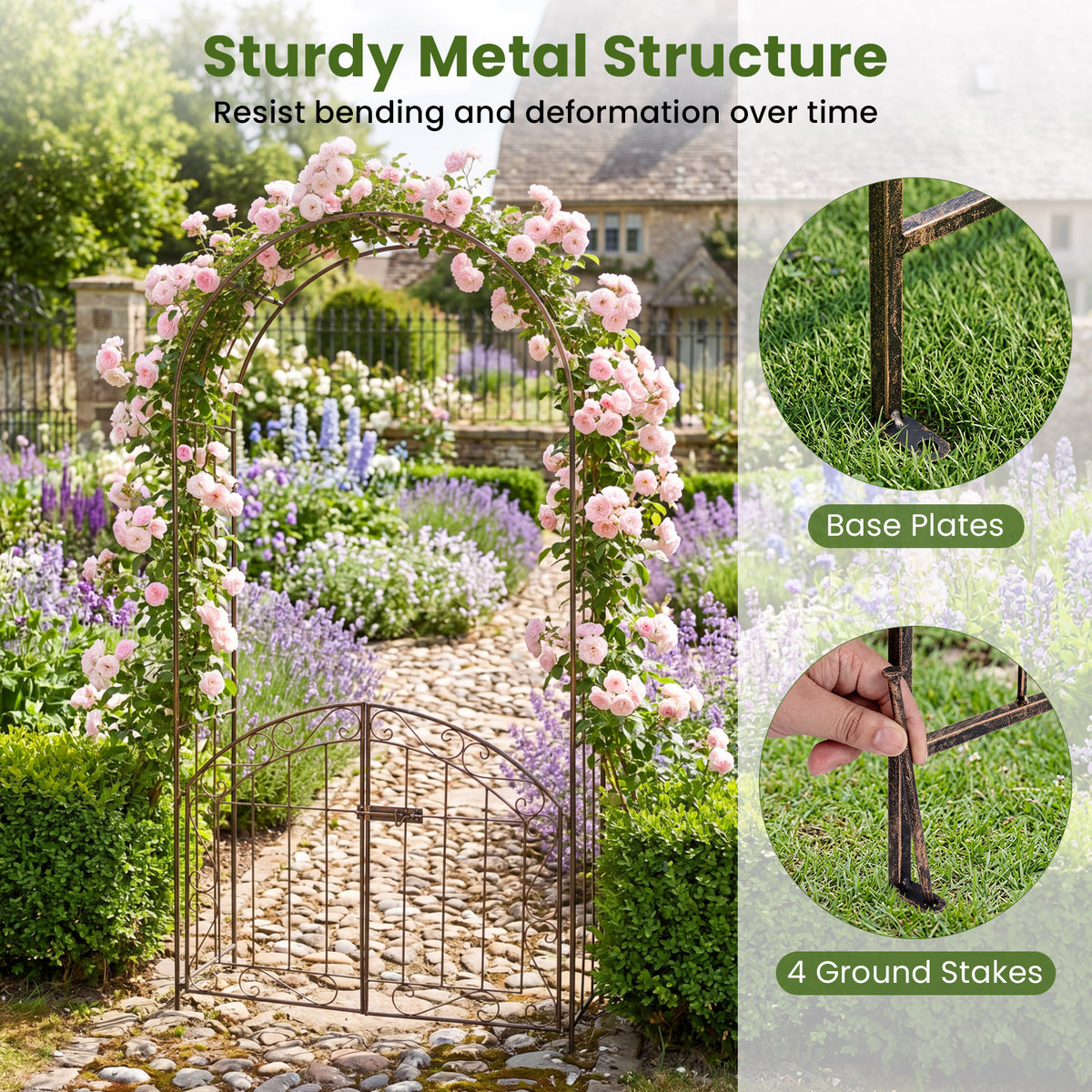 200 cm Garden Arch with Gate, Heavy-Duty Metal Arbor Trellis for Climbing Plants