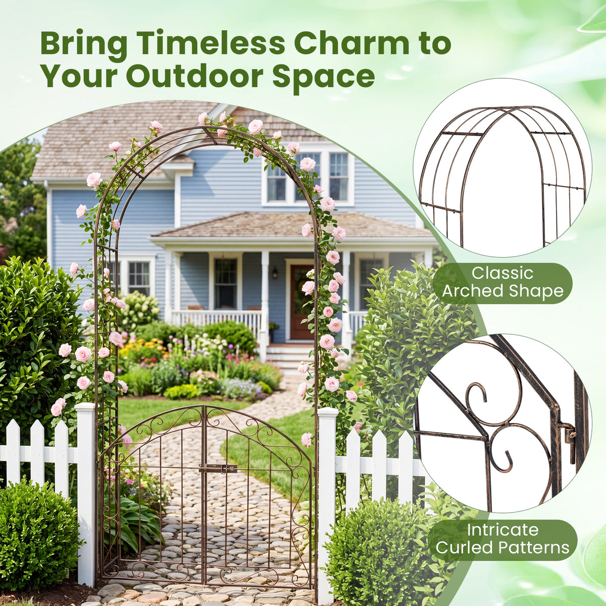 200 cm Garden Arch with Gate, Heavy-Duty Metal Arbor Trellis for Climbing Plants