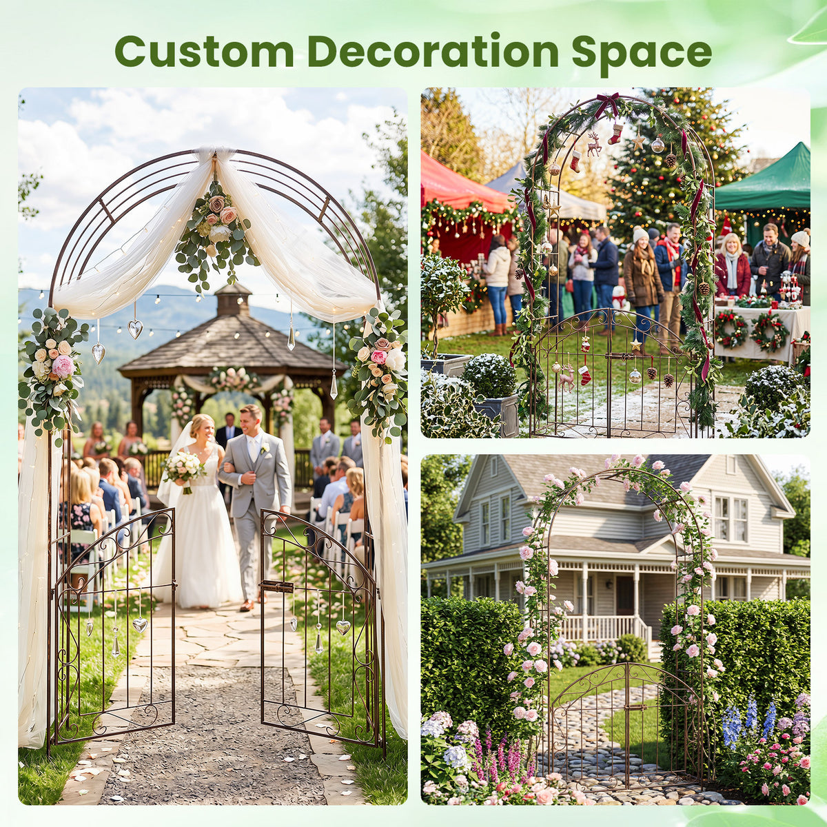 200 cm Garden Arch with Gate, Heavy-Duty Metal Arbor Trellis for Climbing Plants