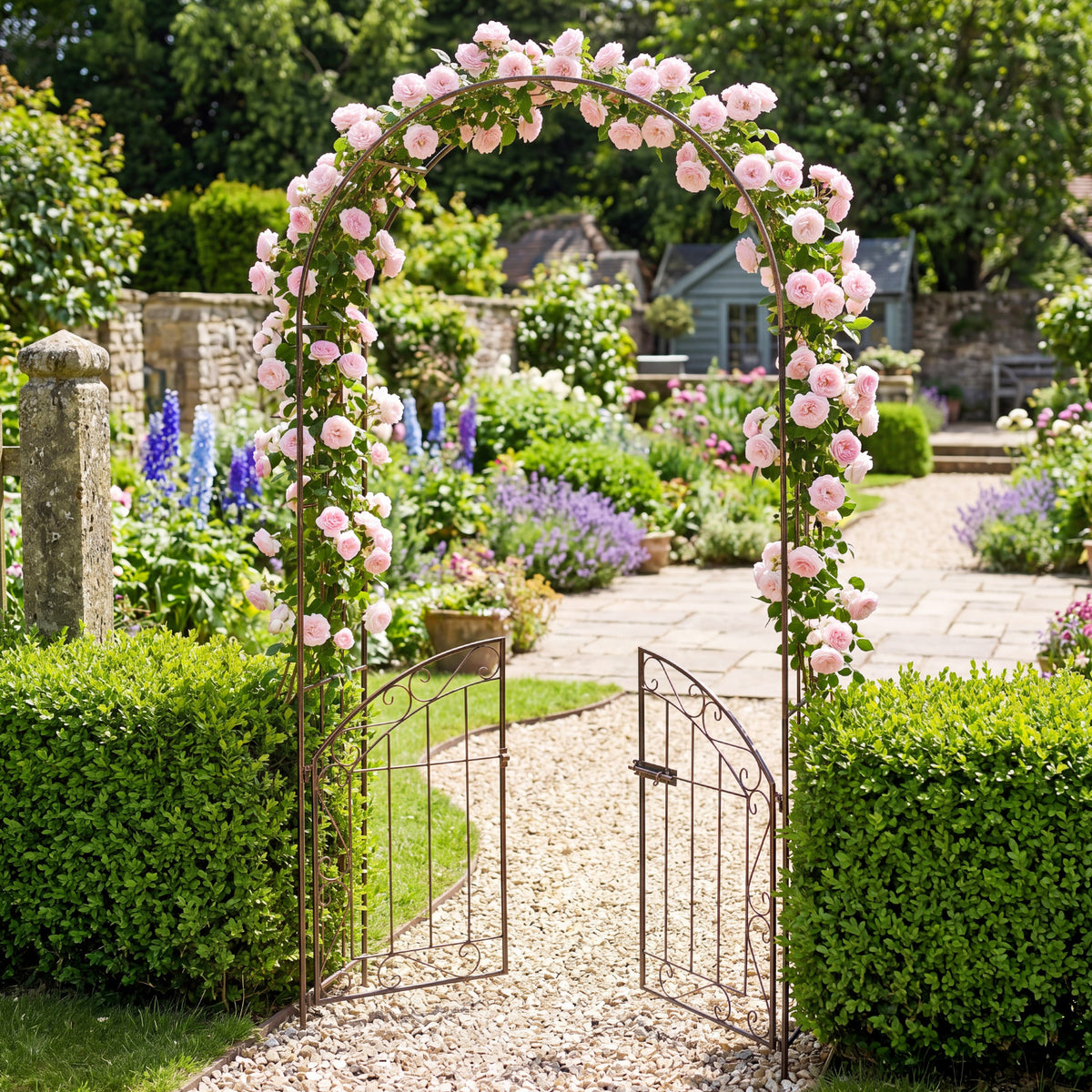 200 cm Garden Arch with Gate, Heavy-Duty Metal Arbor Trellis for Climbing Plants