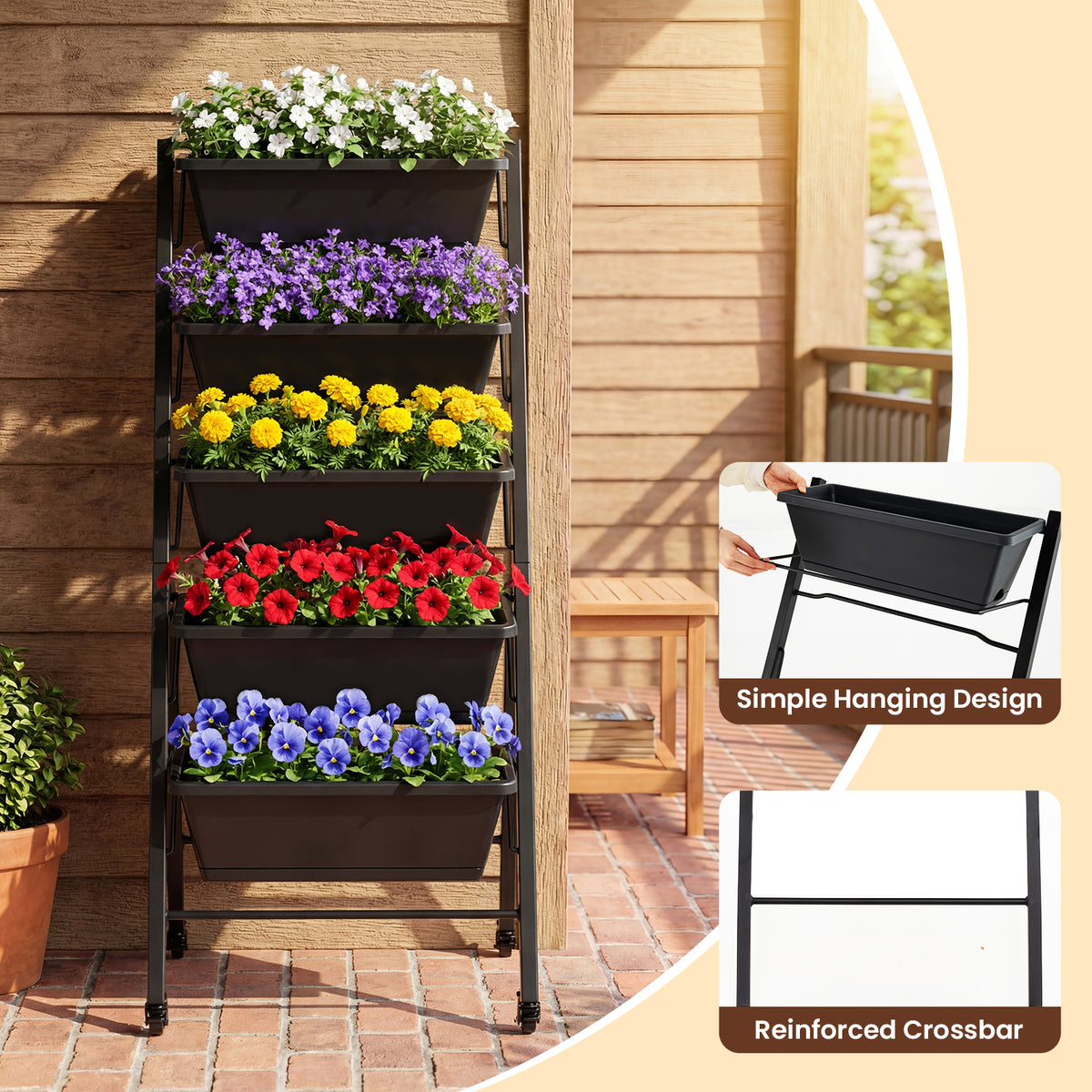 5-Tier Vertical Raised Garden Bed with Wheels and Drainage Holes for Backyard