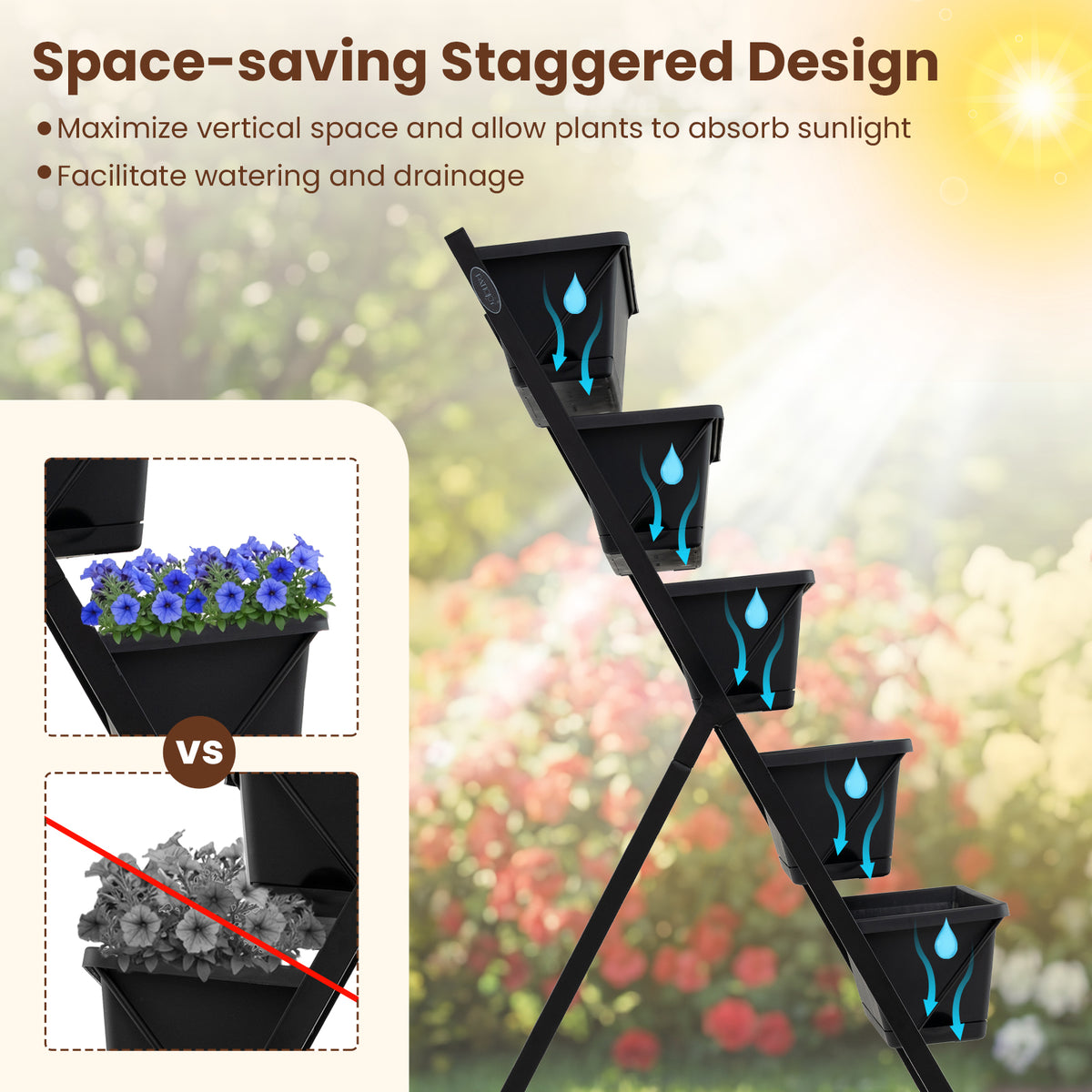 5-Tier Vertical Raised Garden Bed with Wheels and Drainage Holes for Backyard