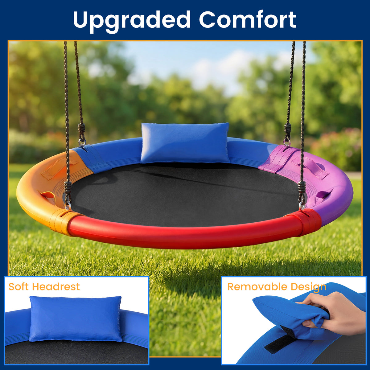 100/120 cm Tree Swing, Saucer Flying Swing with Soft Headrest, Built-in Handles and Adjustable Hanging Straps