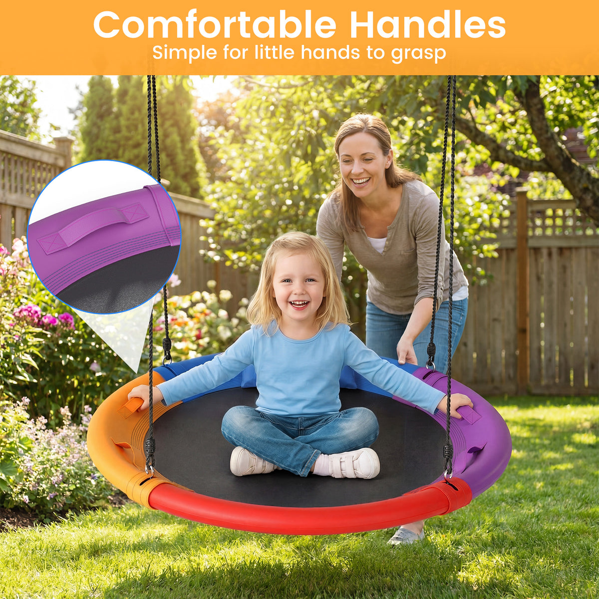 100/120 cm Tree Swing, Saucer Flying Swing with Soft Headrest, Built-in Handles and Adjustable Hanging Straps