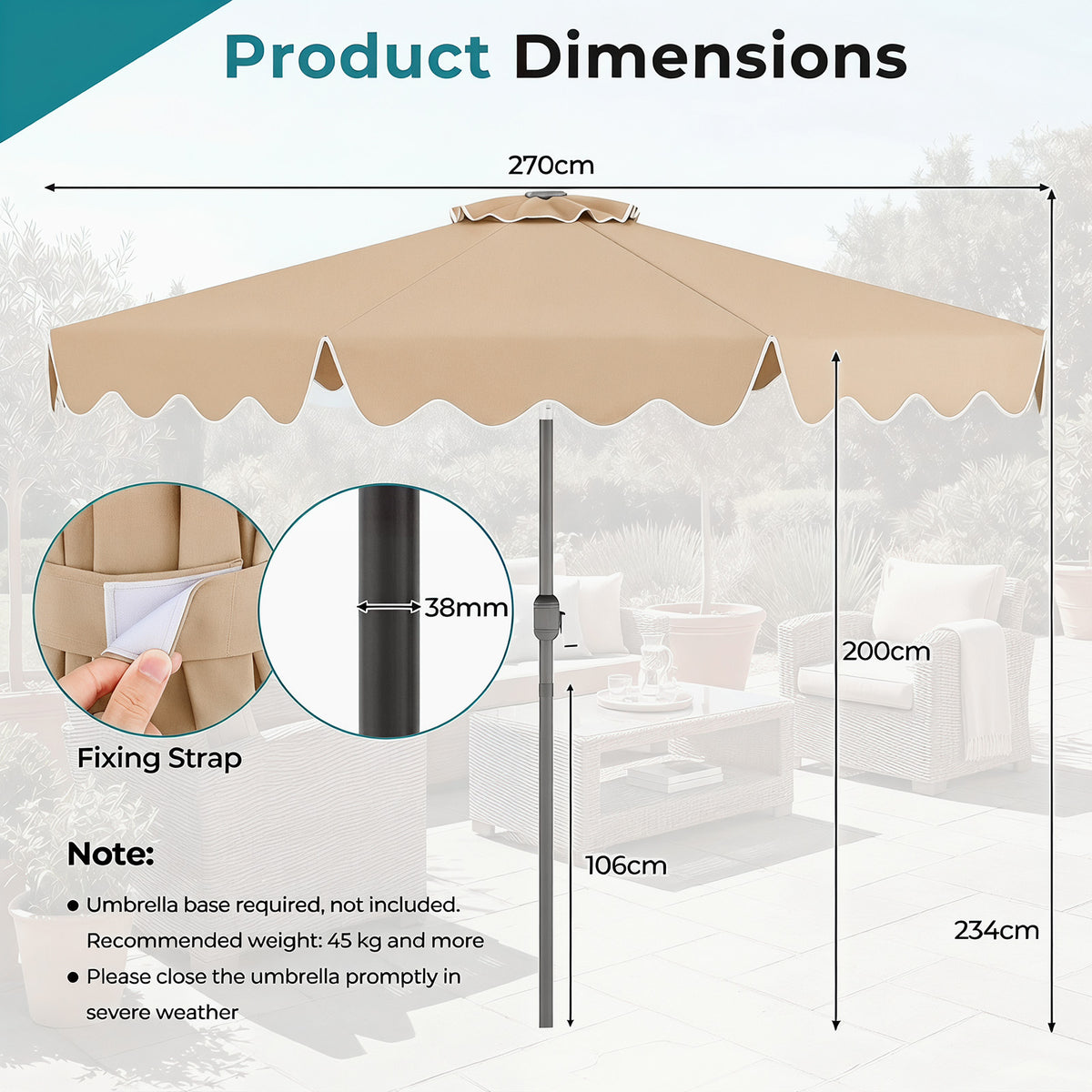 2.7M Patio Umbrella with Push Button Tilt Crank and 8 Metal Ribs