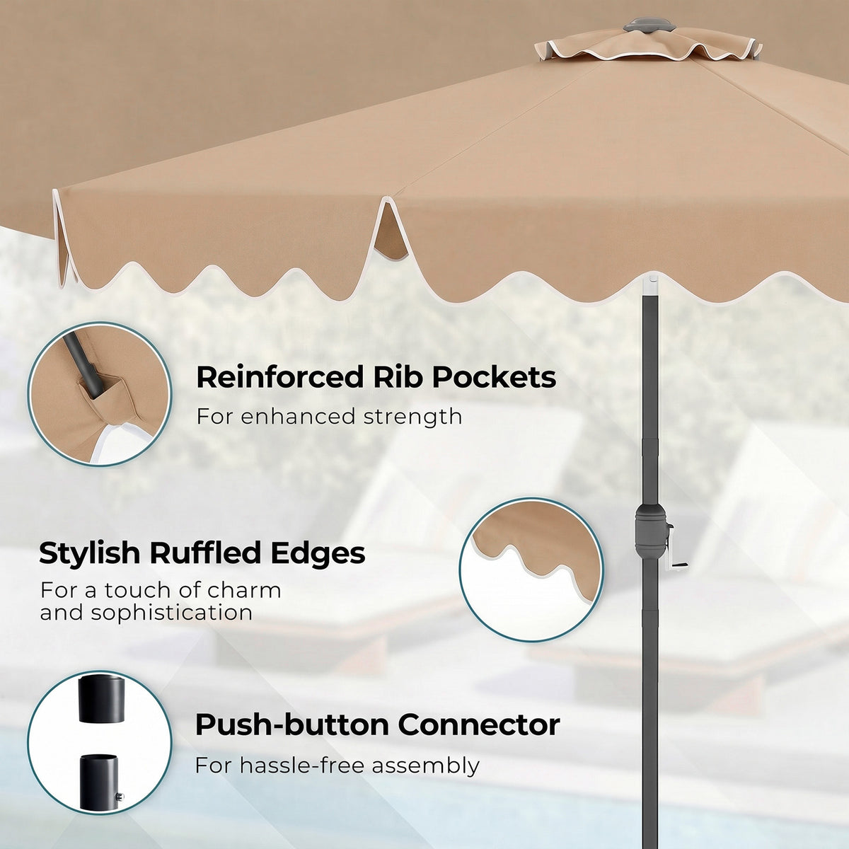2.7M Patio Umbrella with Push Button Tilt Crank and 8 Metal Ribs