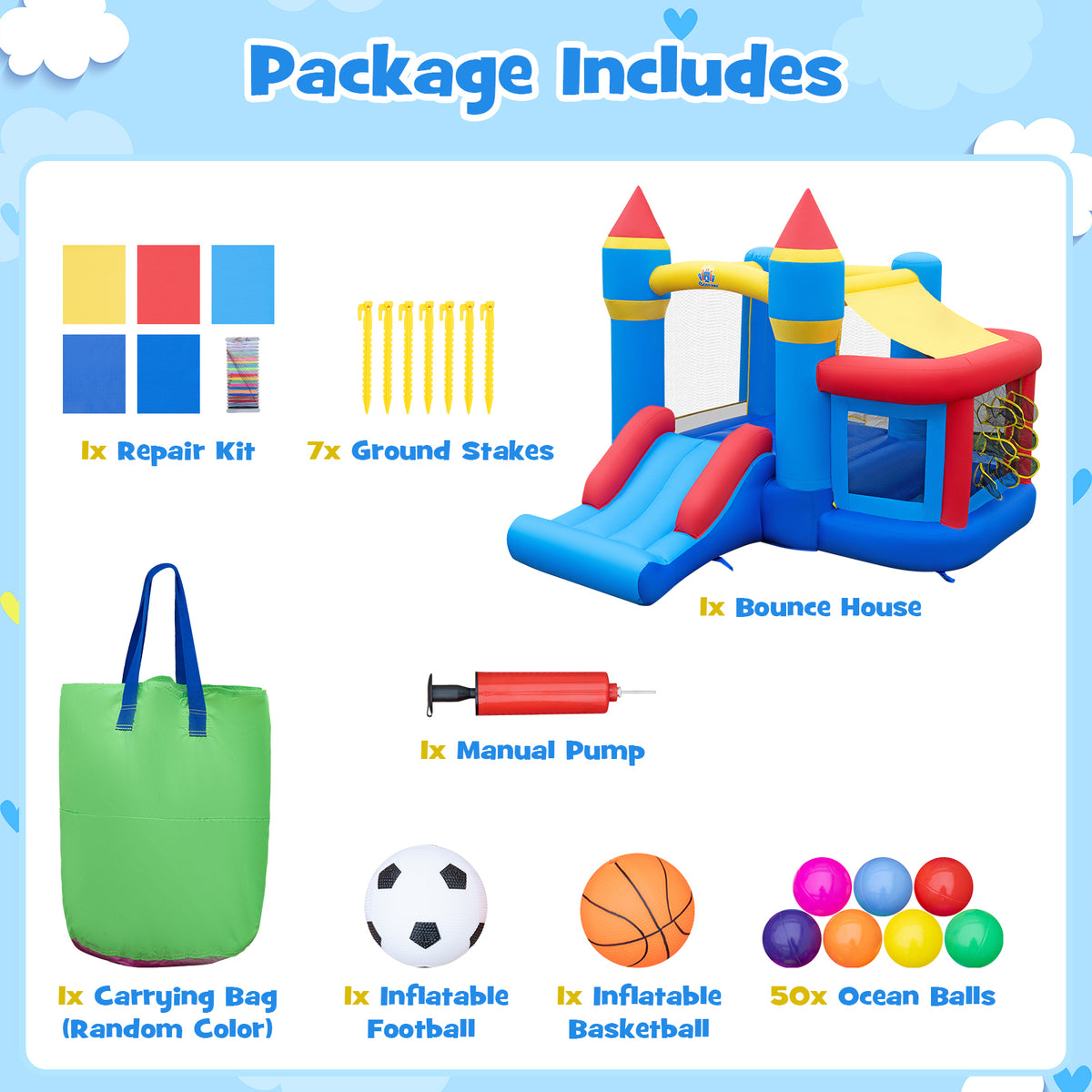 5-in-1 Inflatable Kids Jumping Castle Bouncer with Slide (No Blower)