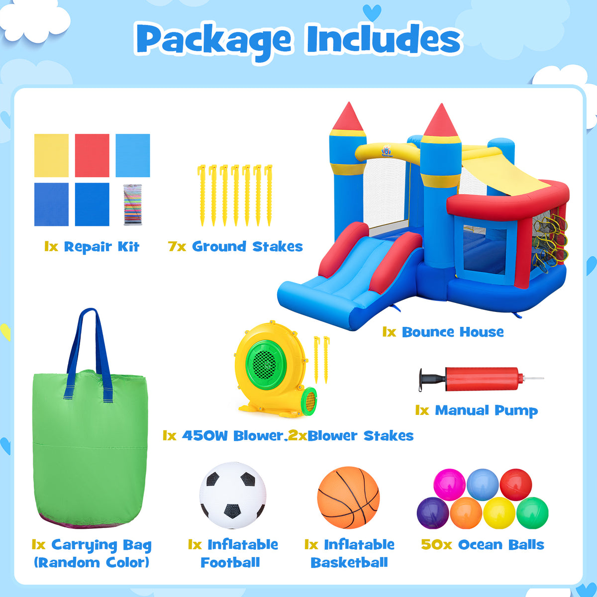 5-in-1 Inflatable Kids Jumping Castle Bouncer with Slide (No Blower)