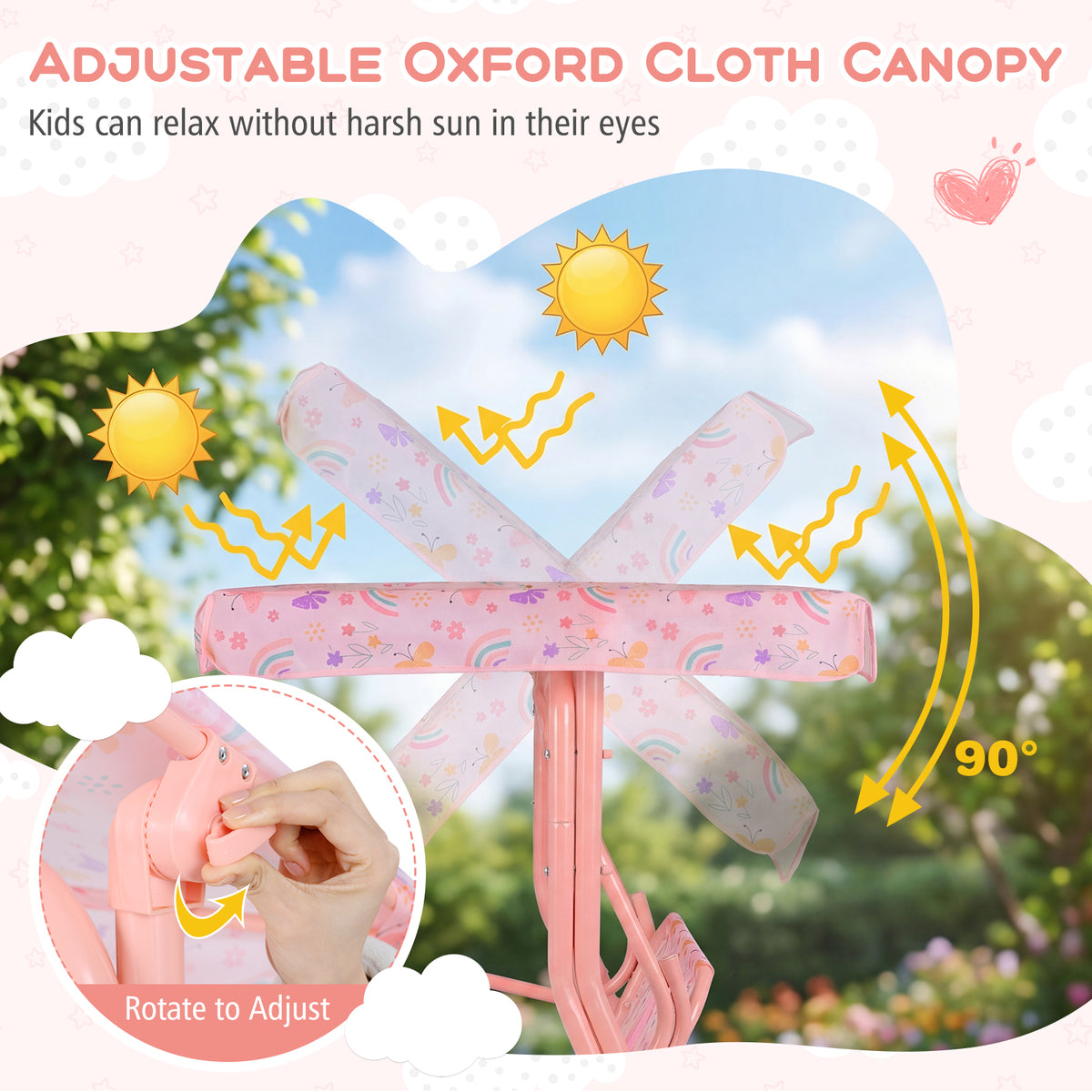 2-Seater Kids Porch Swing with Adjustable Canopy for Backyard and Garden