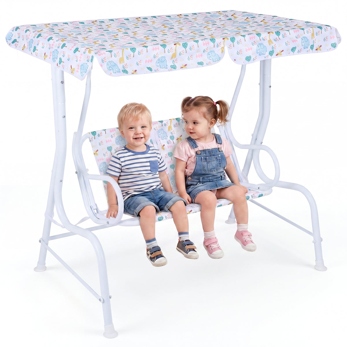 2-Seater Kids Porch Swing with Adjustable Canopy for Backyard and Garden