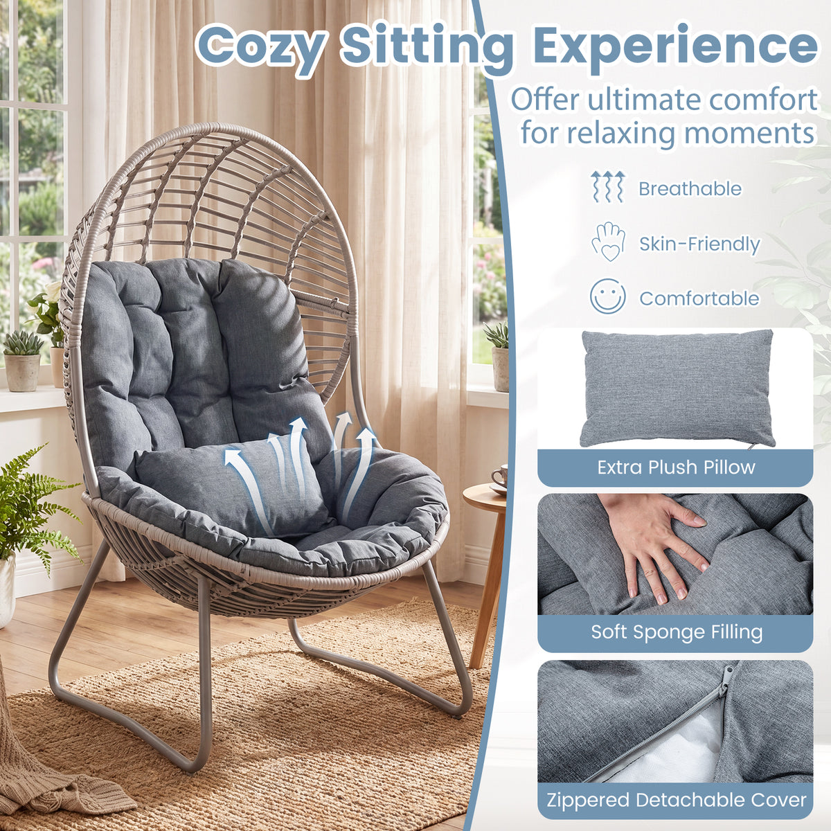 PE Wicker Egg Chair with Removable Seat and Back Cushion