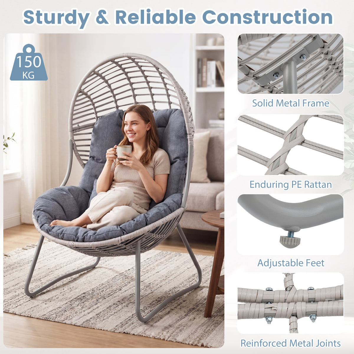 PE Wicker Egg Chair with Removable Seat and Back Cushion