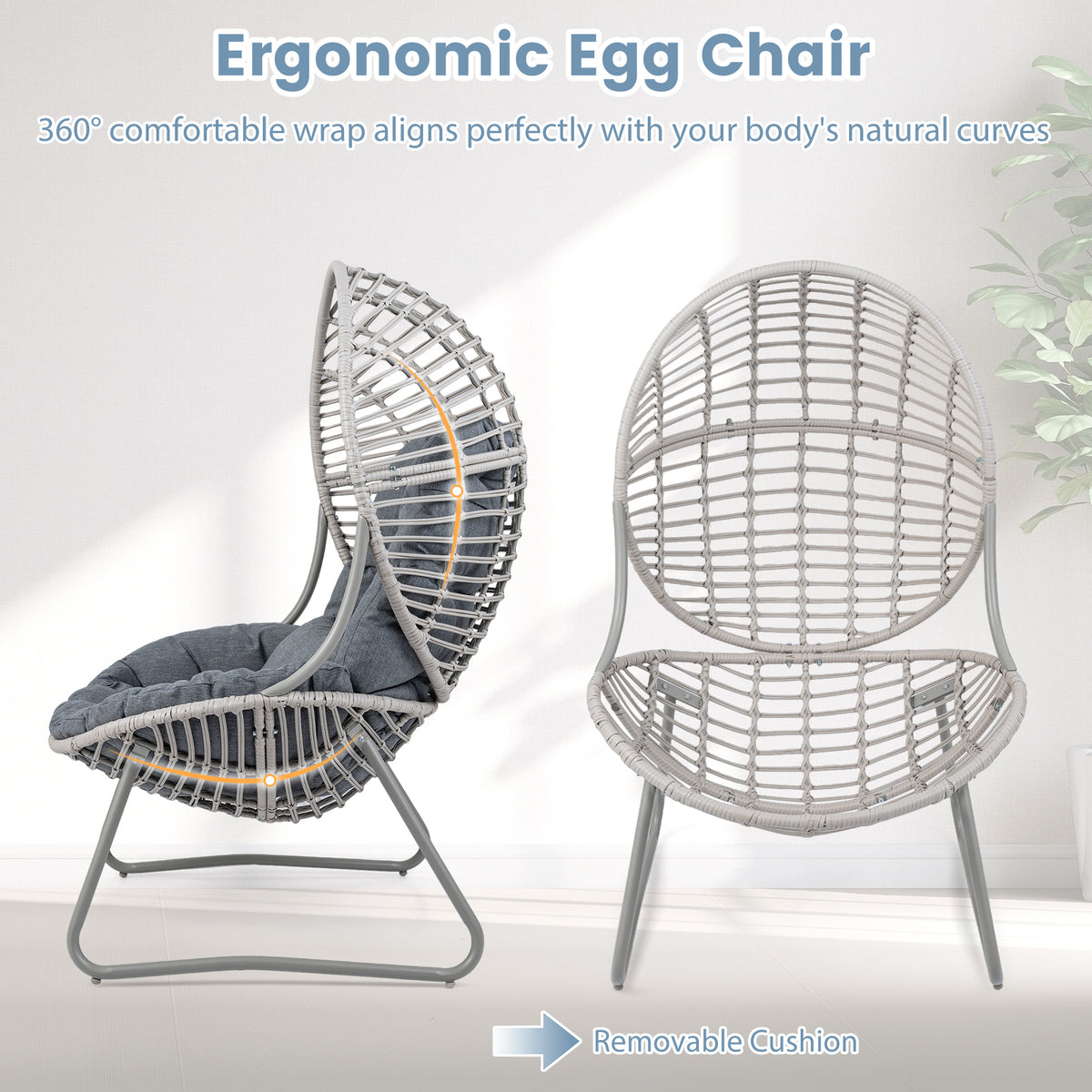 PE Wicker Egg Chair with Removable Seat and Back Cushion