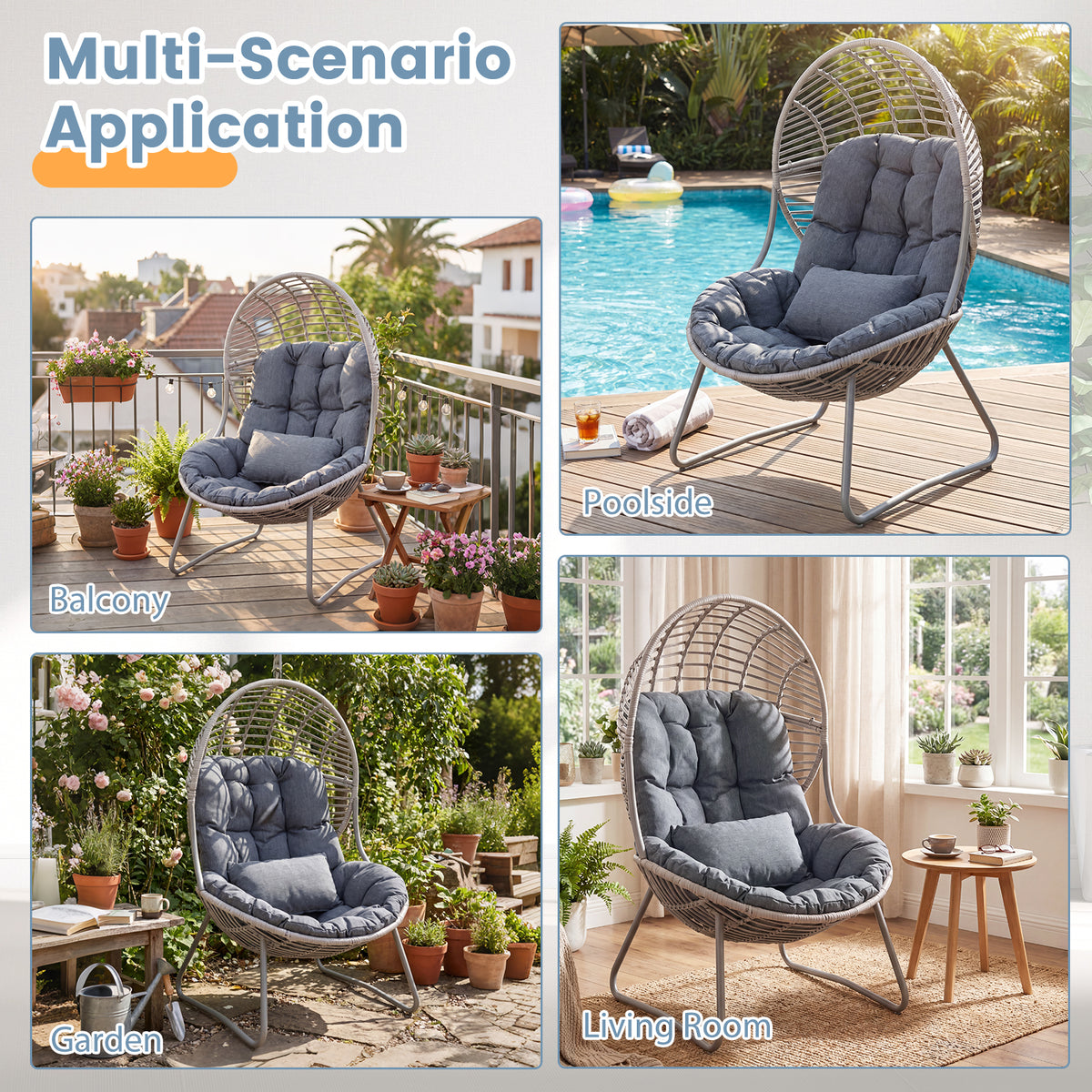 PE Wicker Egg Chair with Removable Seat and Back Cushion