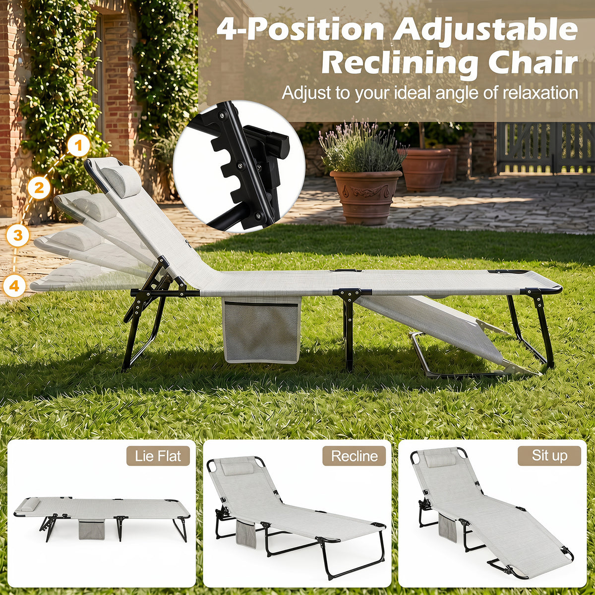 Folding Sun Lounger Foldable Beach Sun Lounger with Adjustable Backrest