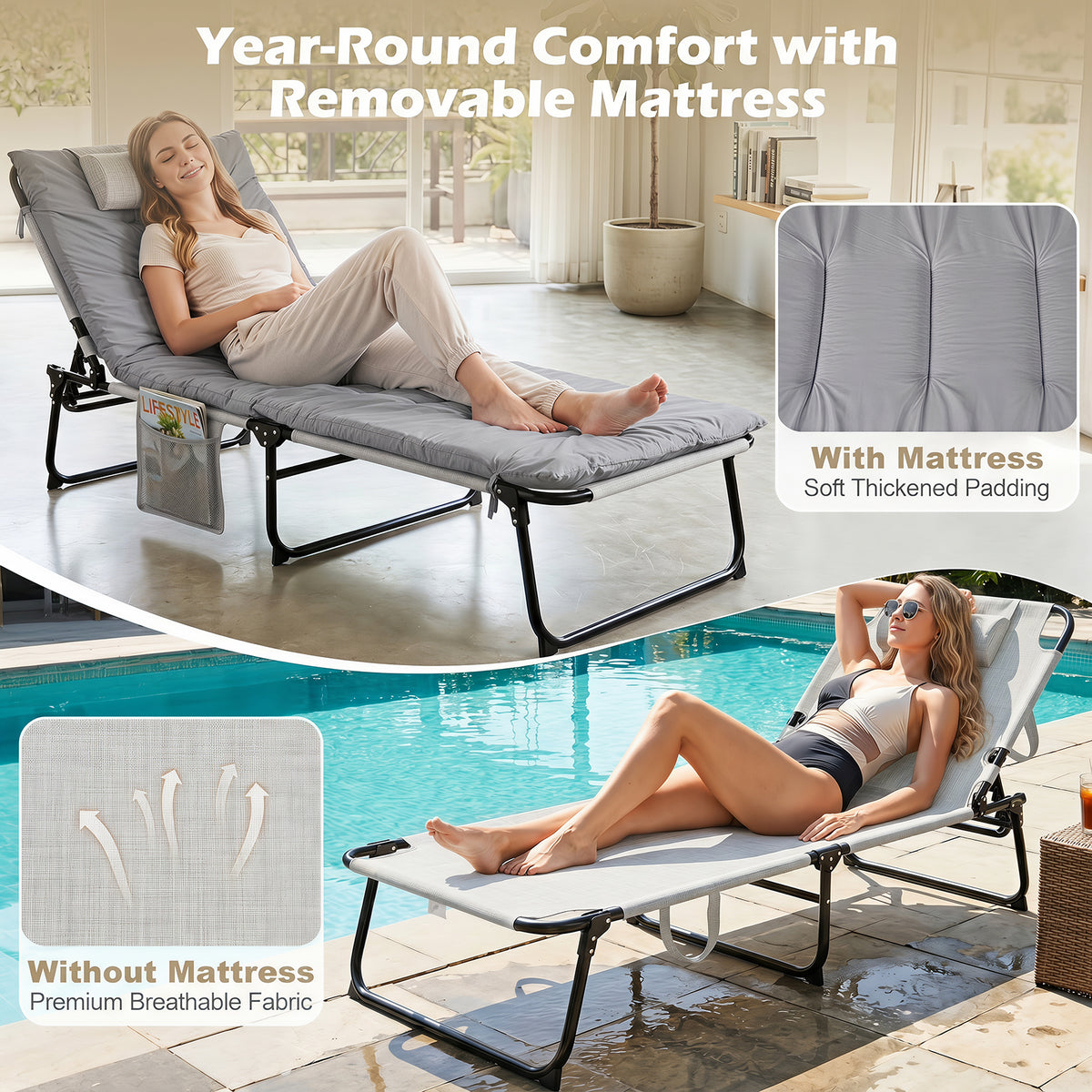 Folding Sun Lounger Foldable Beach Sun Lounger with Adjustable Backrest