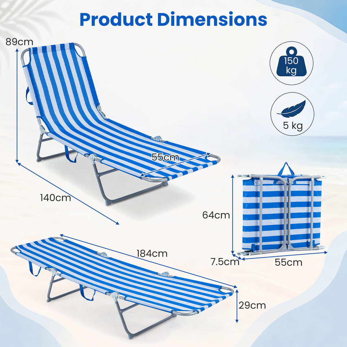 Folding Sun Lounger Reclining Beach Chair with Adjustable Backrest