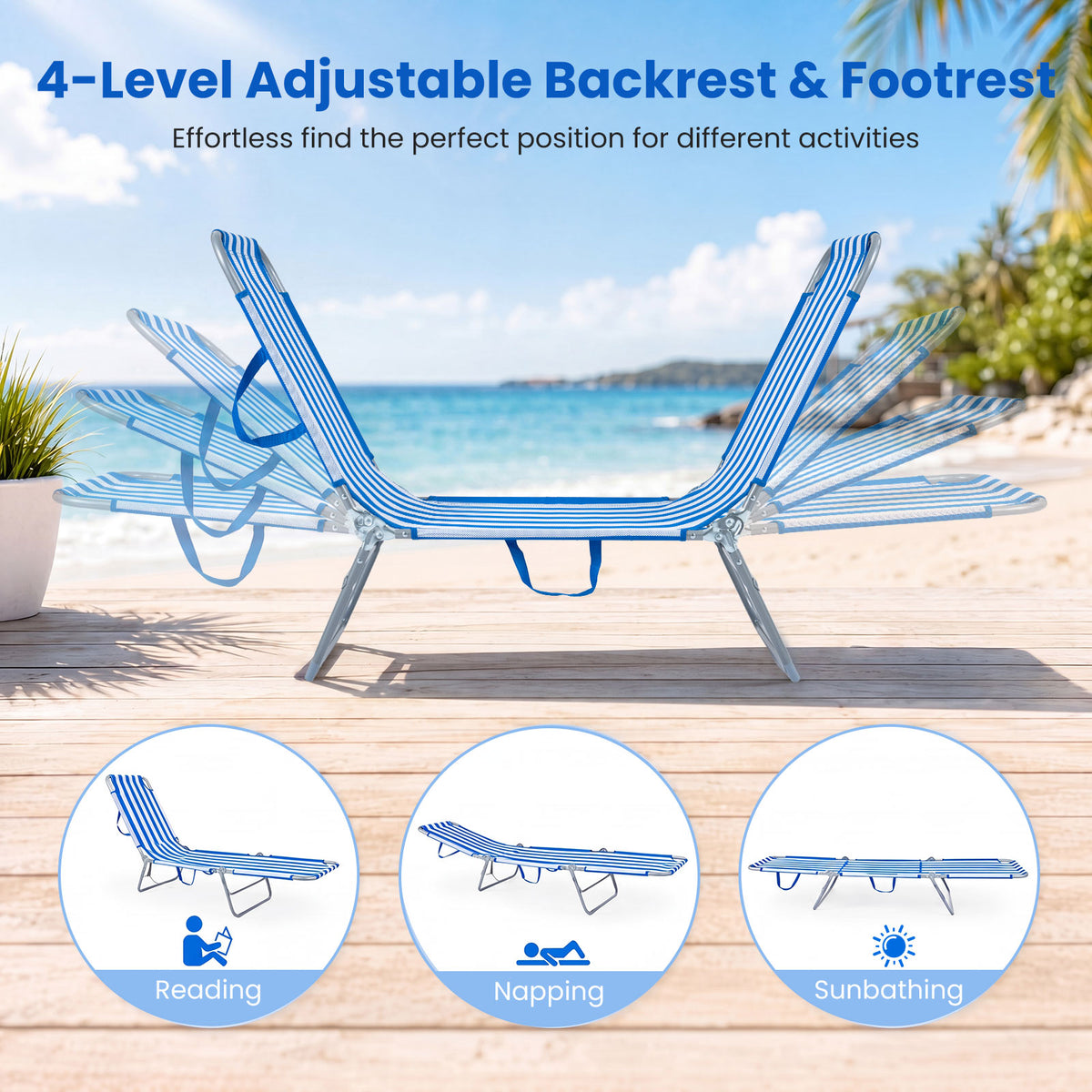 Folding Sun Lounger Reclining Beach Chair with Adjustable Backrest