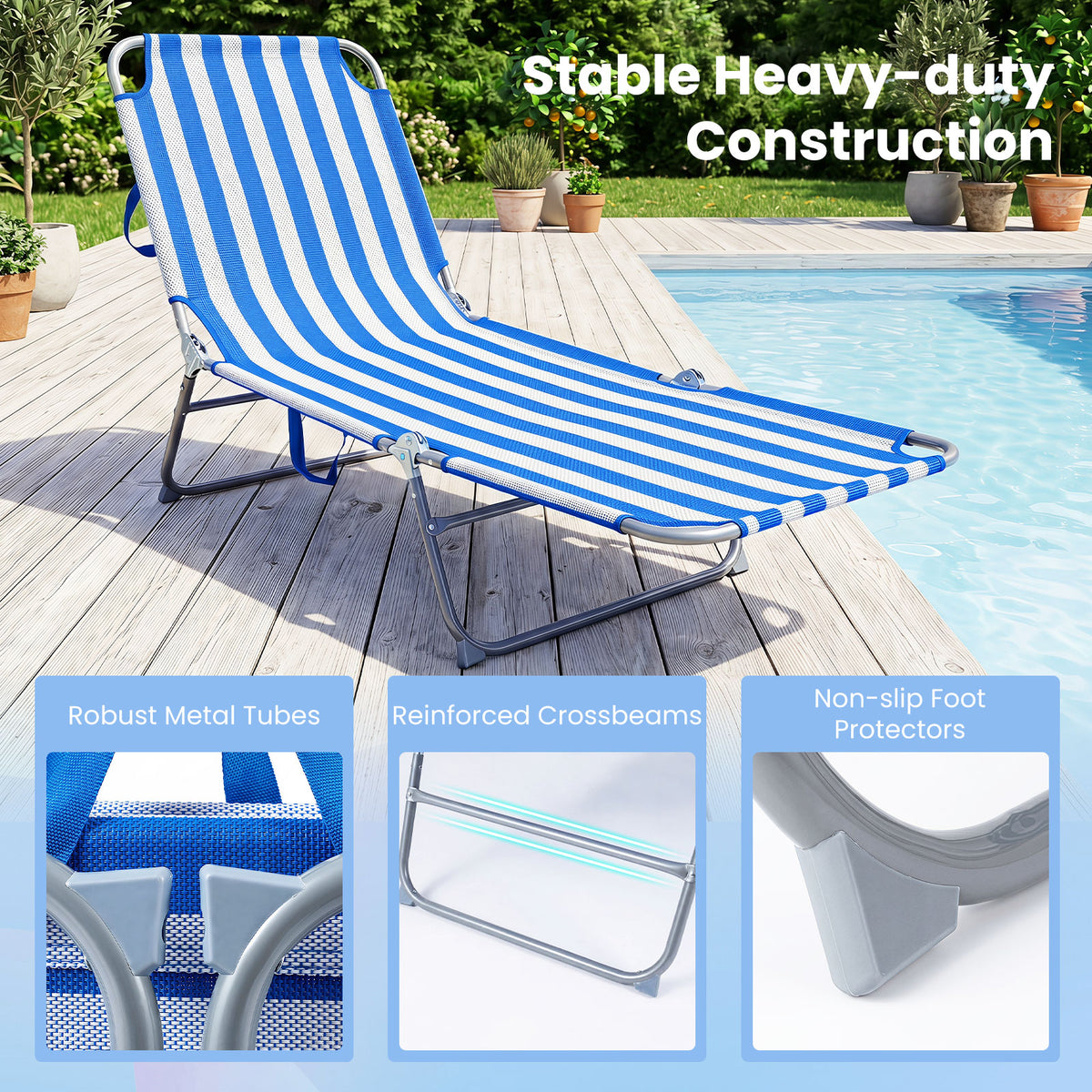 Folding Sun Lounger Reclining Beach Chair with Adjustable Backrest
