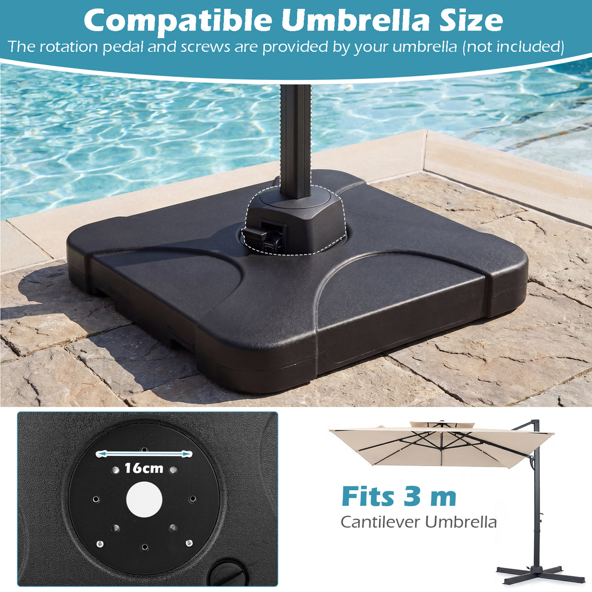 Cantilever Patio Umbrella Base 110kg Water and Sand Fillable Weighted Stand