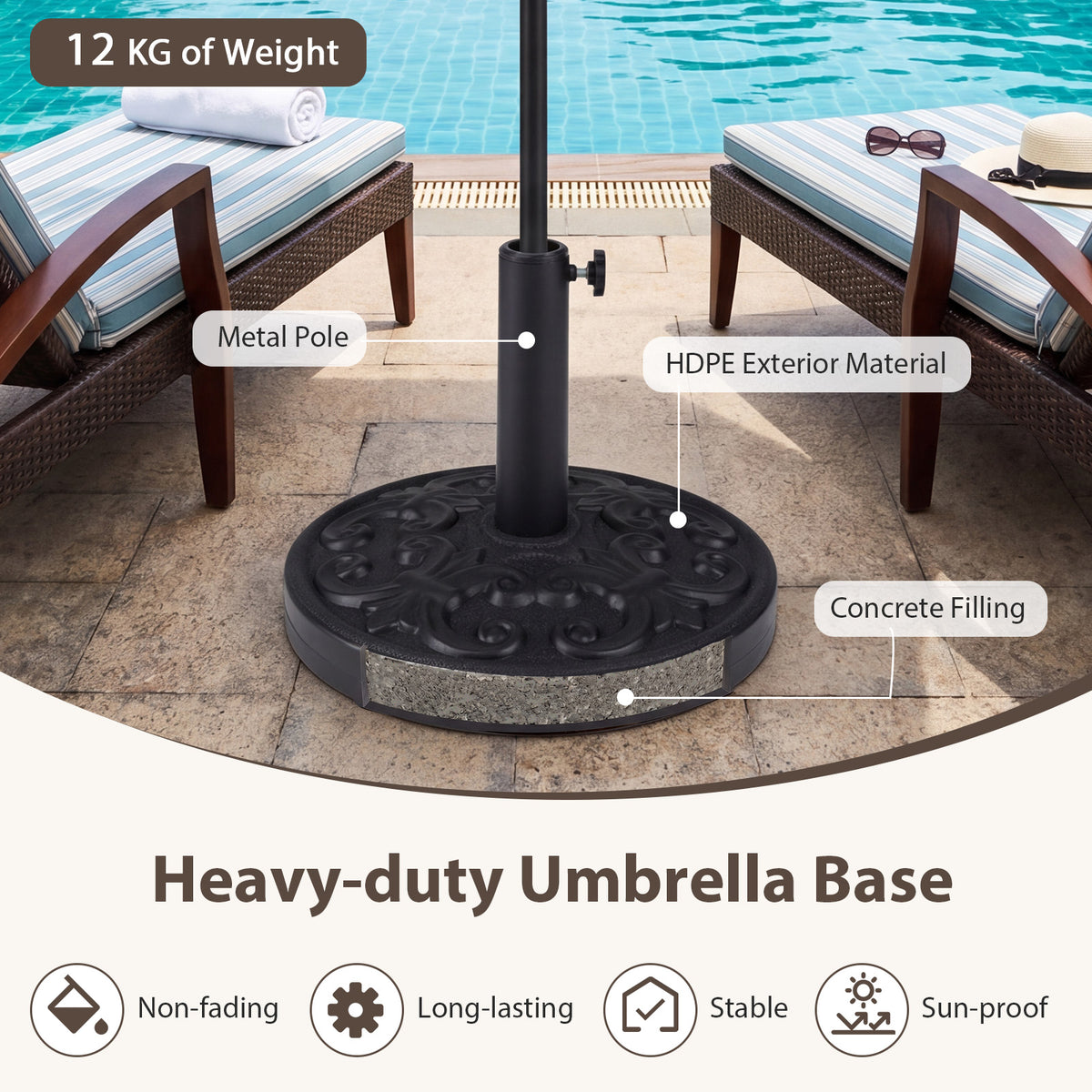Concrete Patio Umbrella Base 12kg Heavy-duty Round with Adjustable Knob