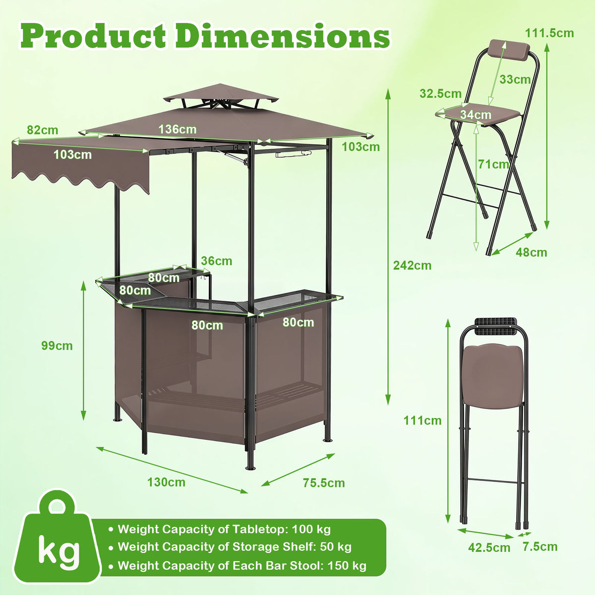 3-Piece Outdoor BBQ Canopy with Bar Table and 2 Folding Bar Stools for Backyard