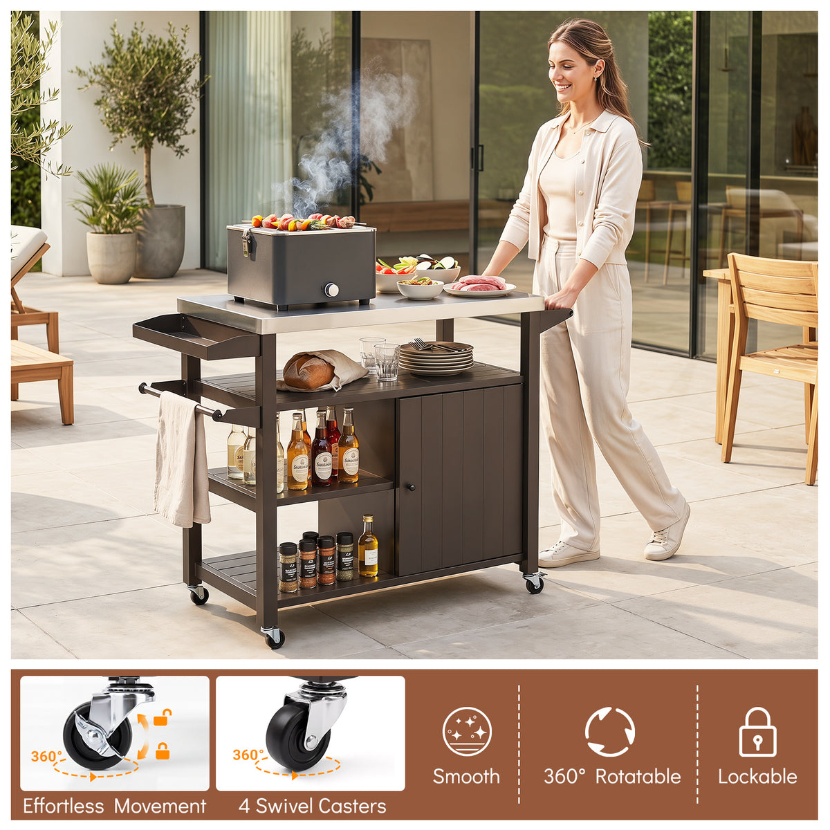 Outdoor Grill Cart with Storage Cabinet Shelves and Stainless Steel Top