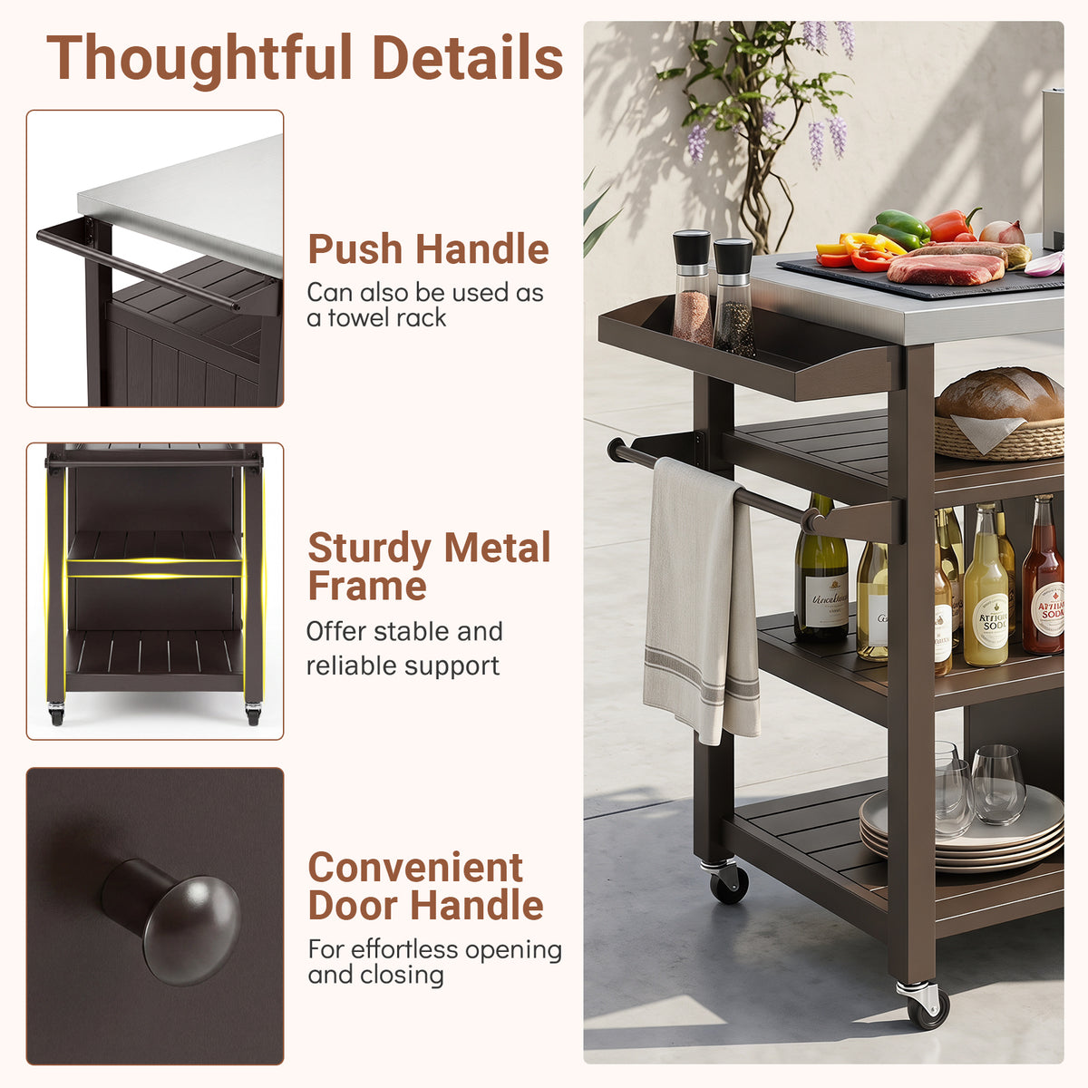 Outdoor Grill Cart with Storage Cabinet Shelves and Stainless Steel Top