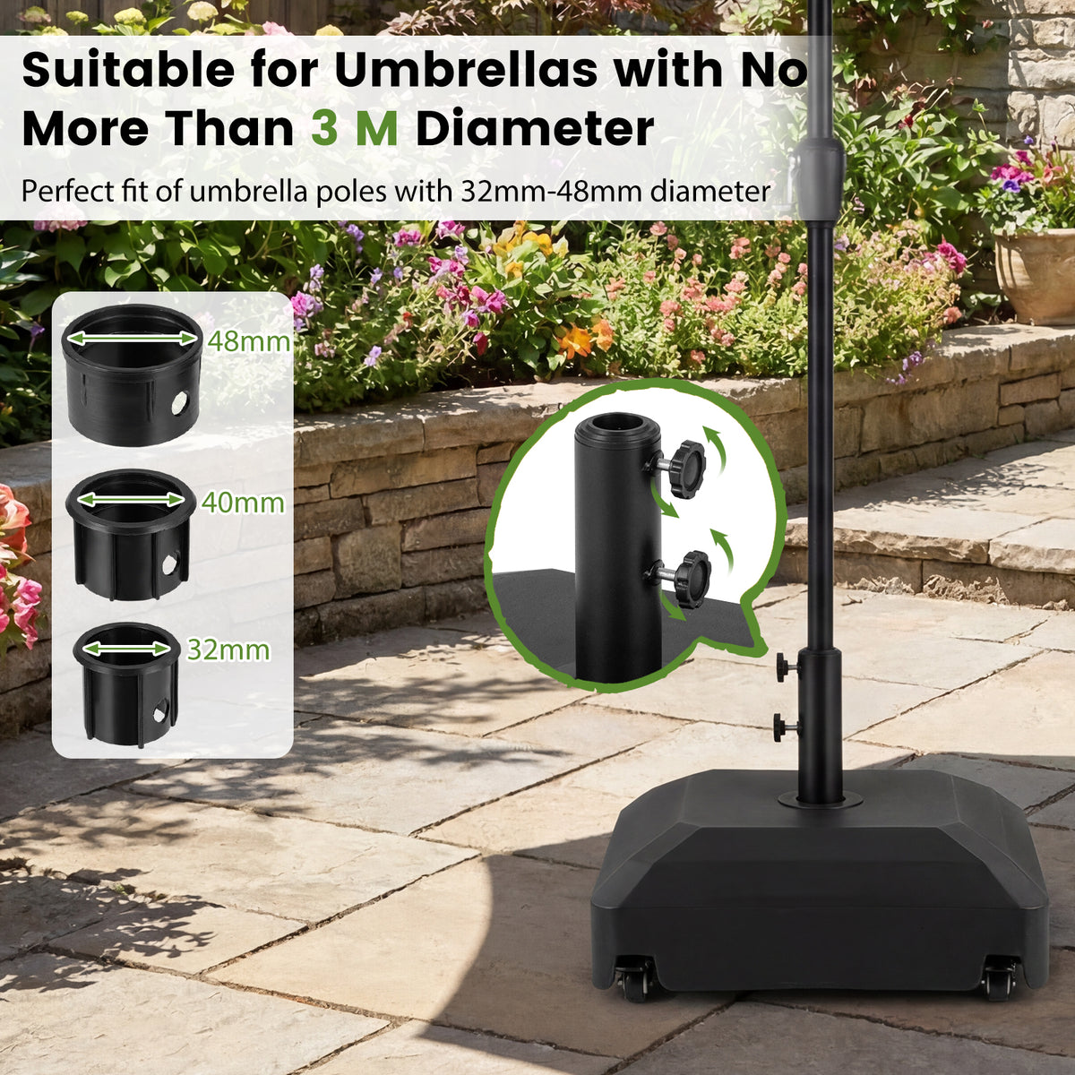 68 KG Umbrella Stand with Wheels and Adjustable Knobs Fits 32-48 mm Poles