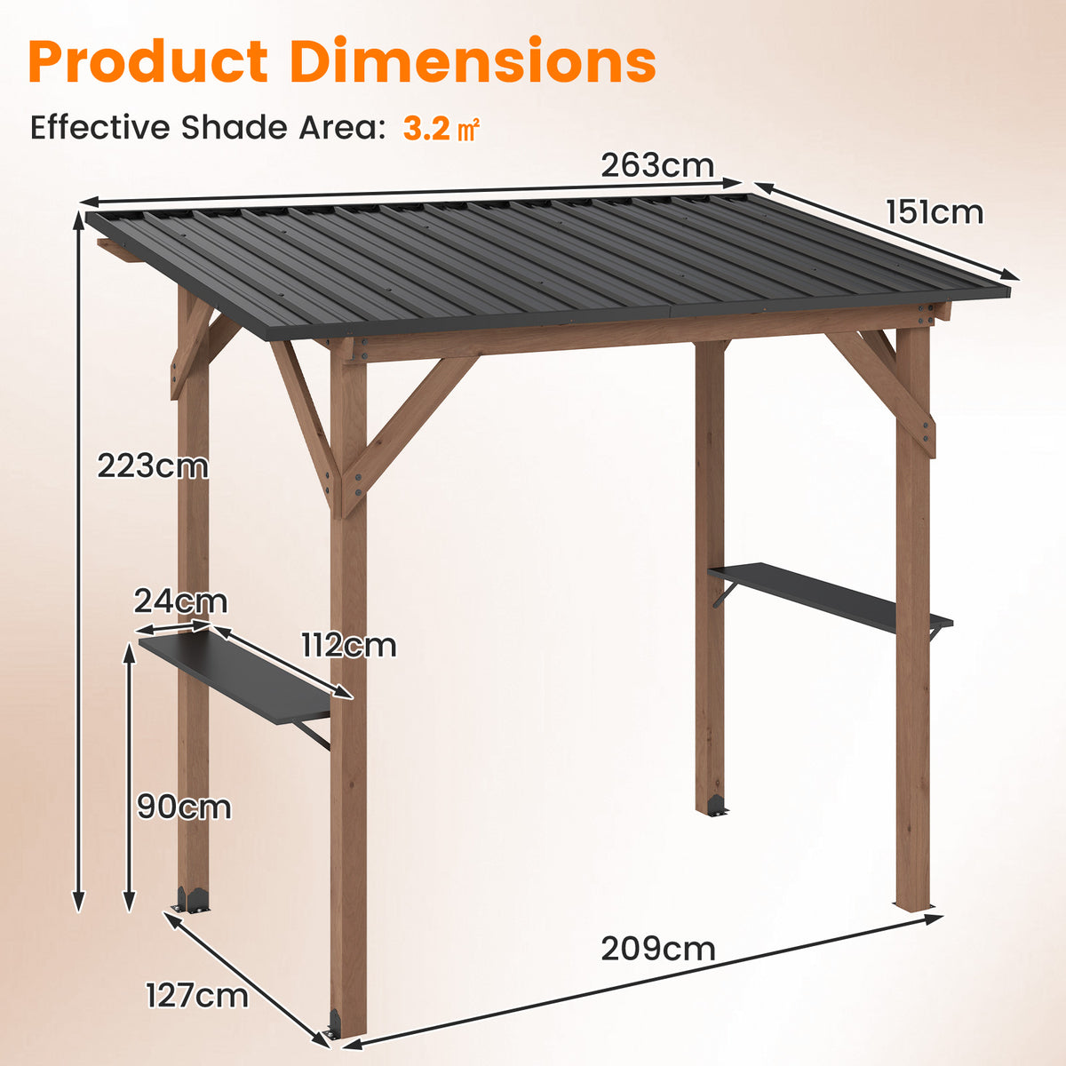 BBQ Gazebo with 2 Side Serving Shelves and Metal Roof for Backyard Garden