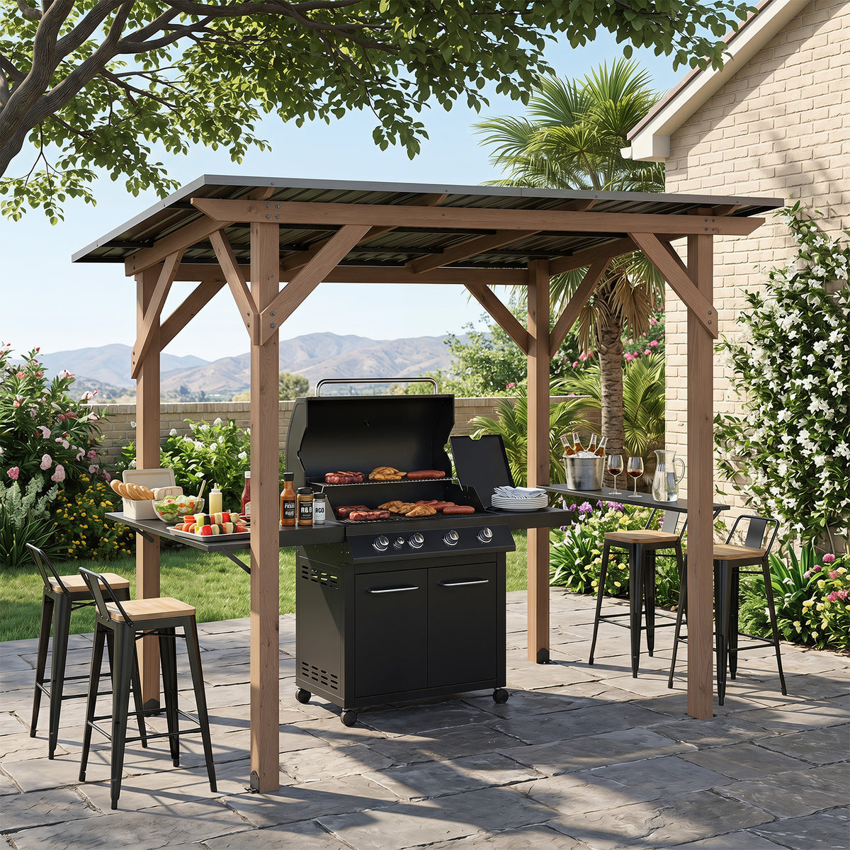 BBQ Gazebo with 2 Side Serving Shelves and Metal Roof for Backyard Garden