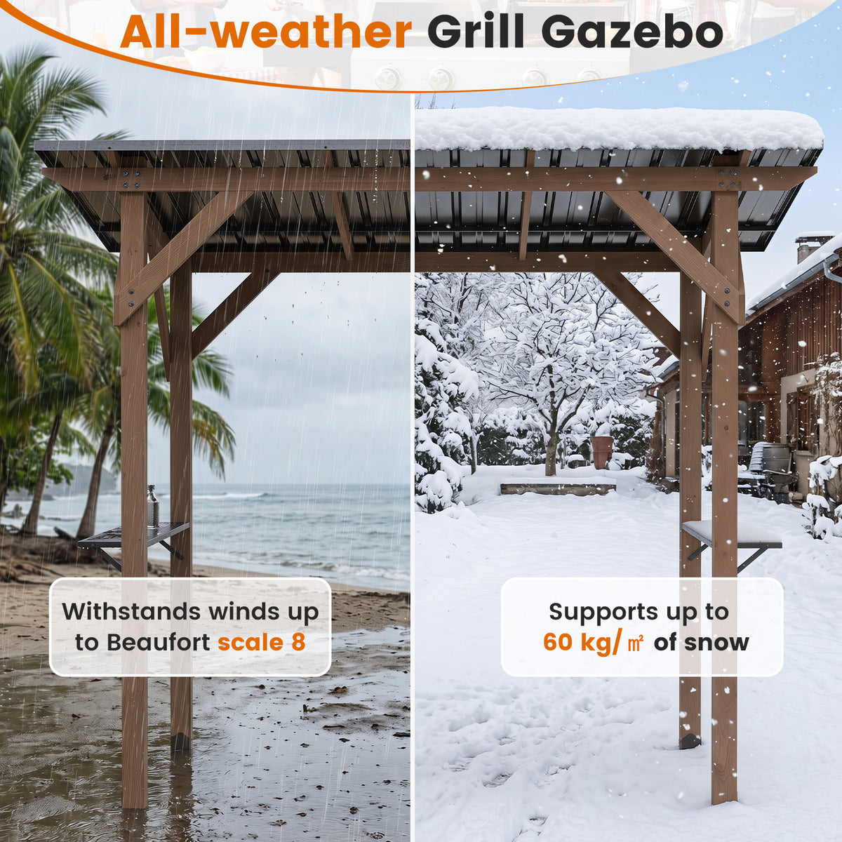 BBQ Gazebo with 2 Side Serving Shelves and Metal Roof for Backyard Garden