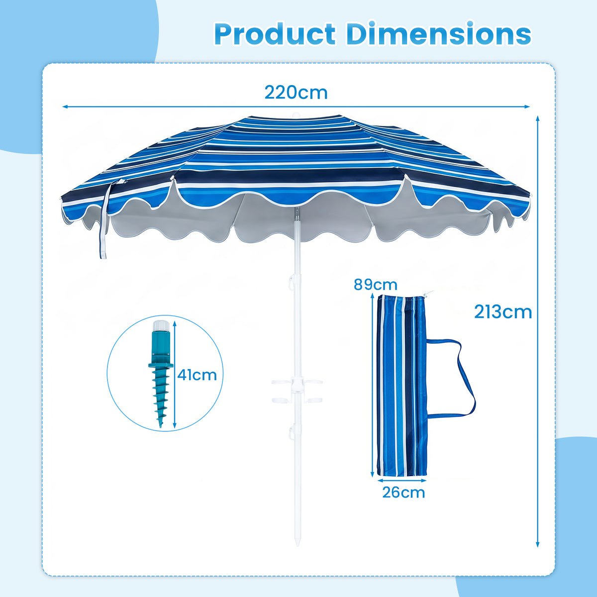 Beach Umbrella with Tilt Sand Anchor UPF 50 and 8 Ribs