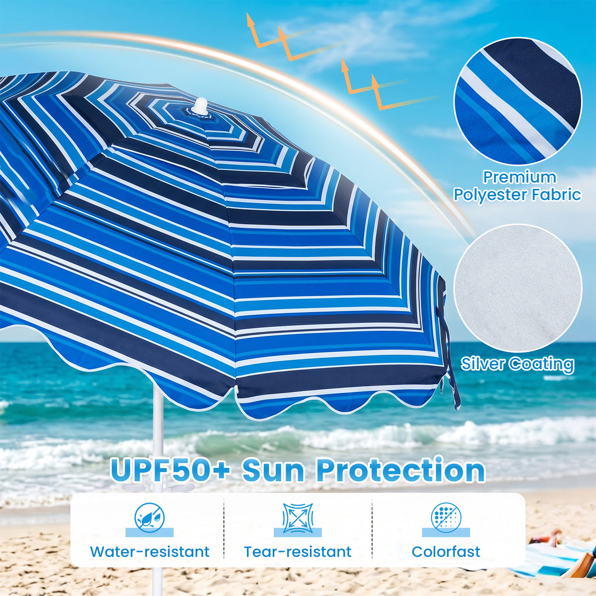 Beach Umbrella with Tilt Sand Anchor UPF 50 and 8 Ribs