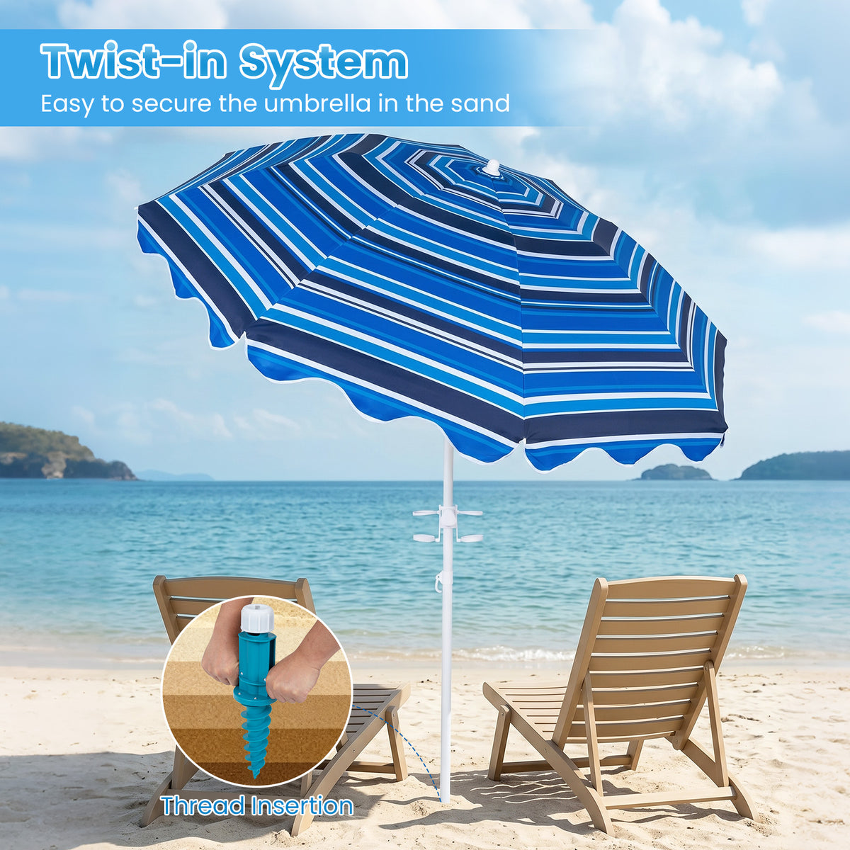 Beach Umbrella with Tilt Sand Anchor UPF 50 and 8 Ribs