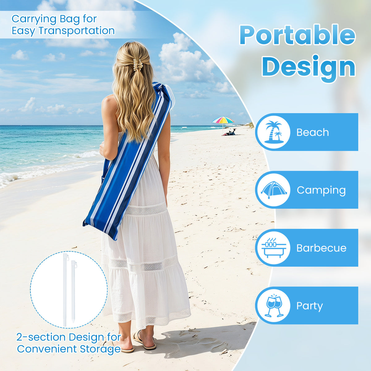 Beach Umbrella with Tilt Sand Anchor UPF 50 and 8 Ribs