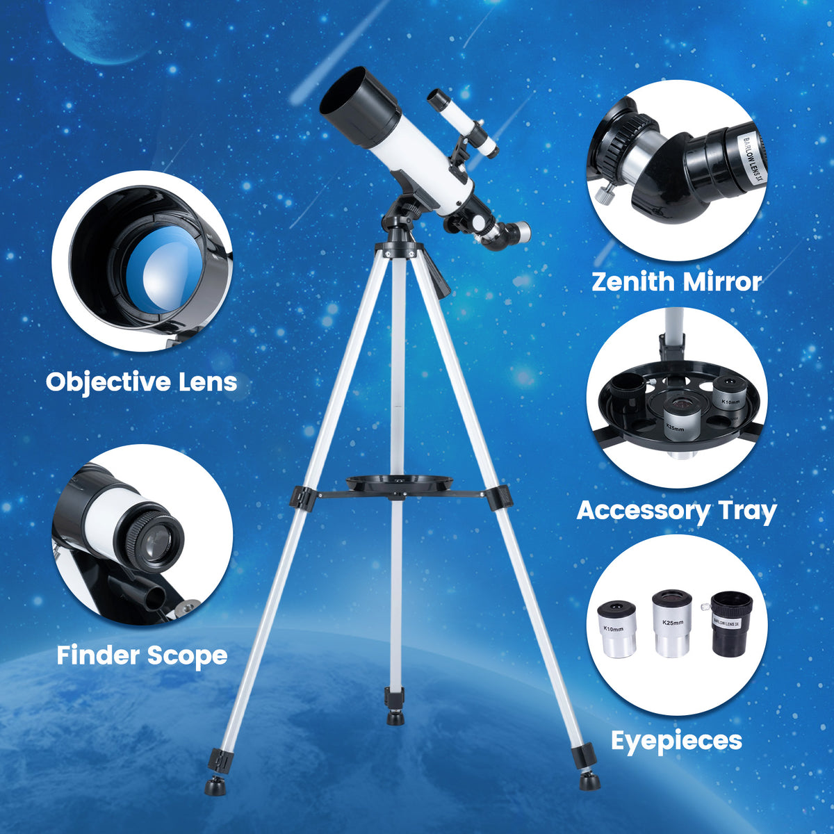 70 mm Refractor Telescope, 3X Eyepiece Astronomical Telescope