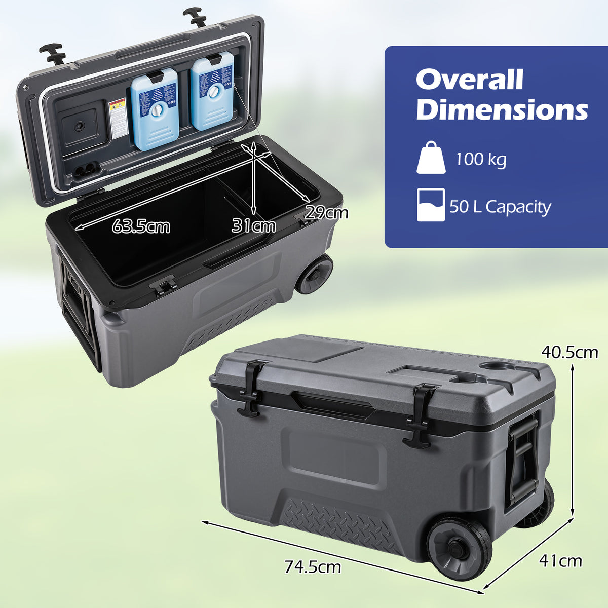 50 L Insulated Hard Cooler with Wheels and Handles for Camping Fishing