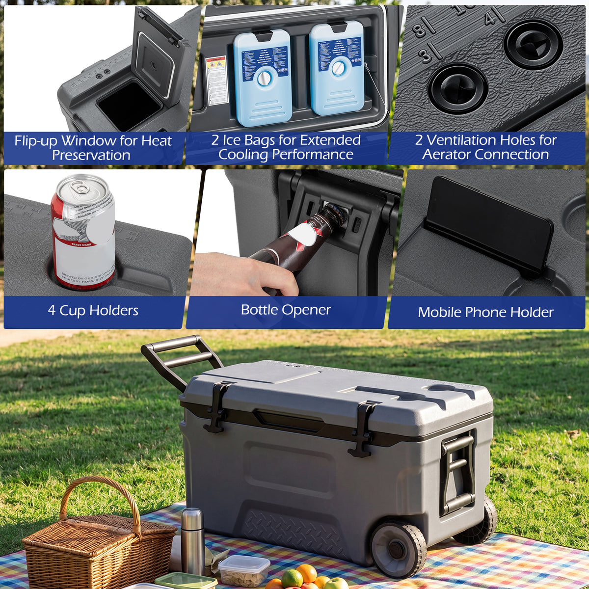 50 L Insulated Hard Cooler with Wheels and Handles for Camping Fishing