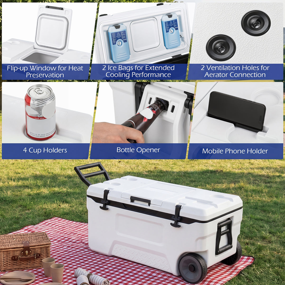 70 L Insulated Hard Cooler, Portable Rolling Cooler w/Wheels & Handles