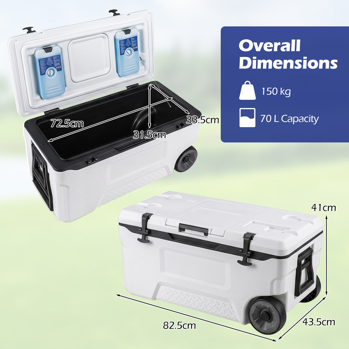 70 L Insulated Hard Cooler, Portable Rolling Cooler w/Wheels & Handles