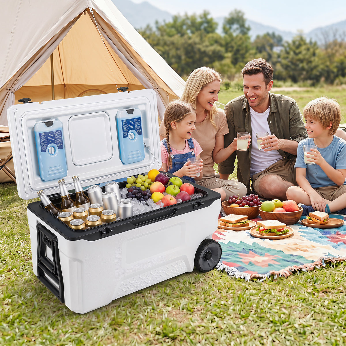 70 L Insulated Hard Cooler, Portable Rolling Cooler w/Wheels & Handles