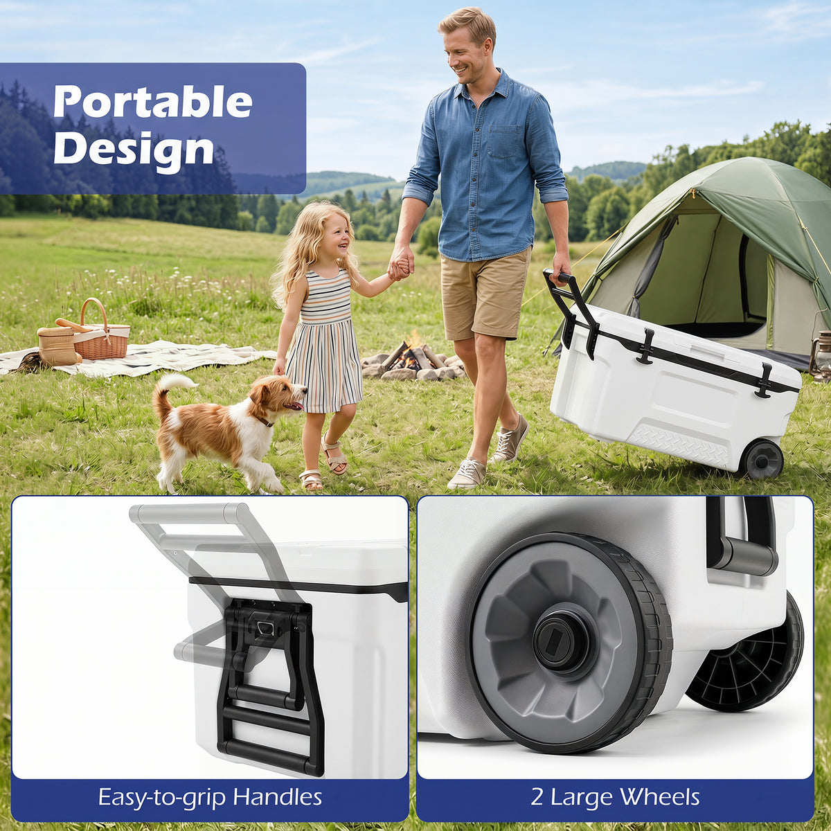 70 L Insulated Hard Cooler, Portable Rolling Cooler w/Wheels & Handles