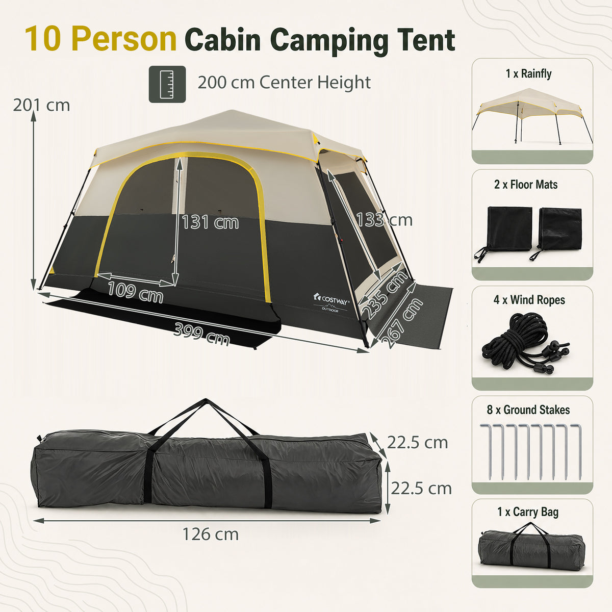 10 Person Instant Cabin Camping Tent with Rainfly