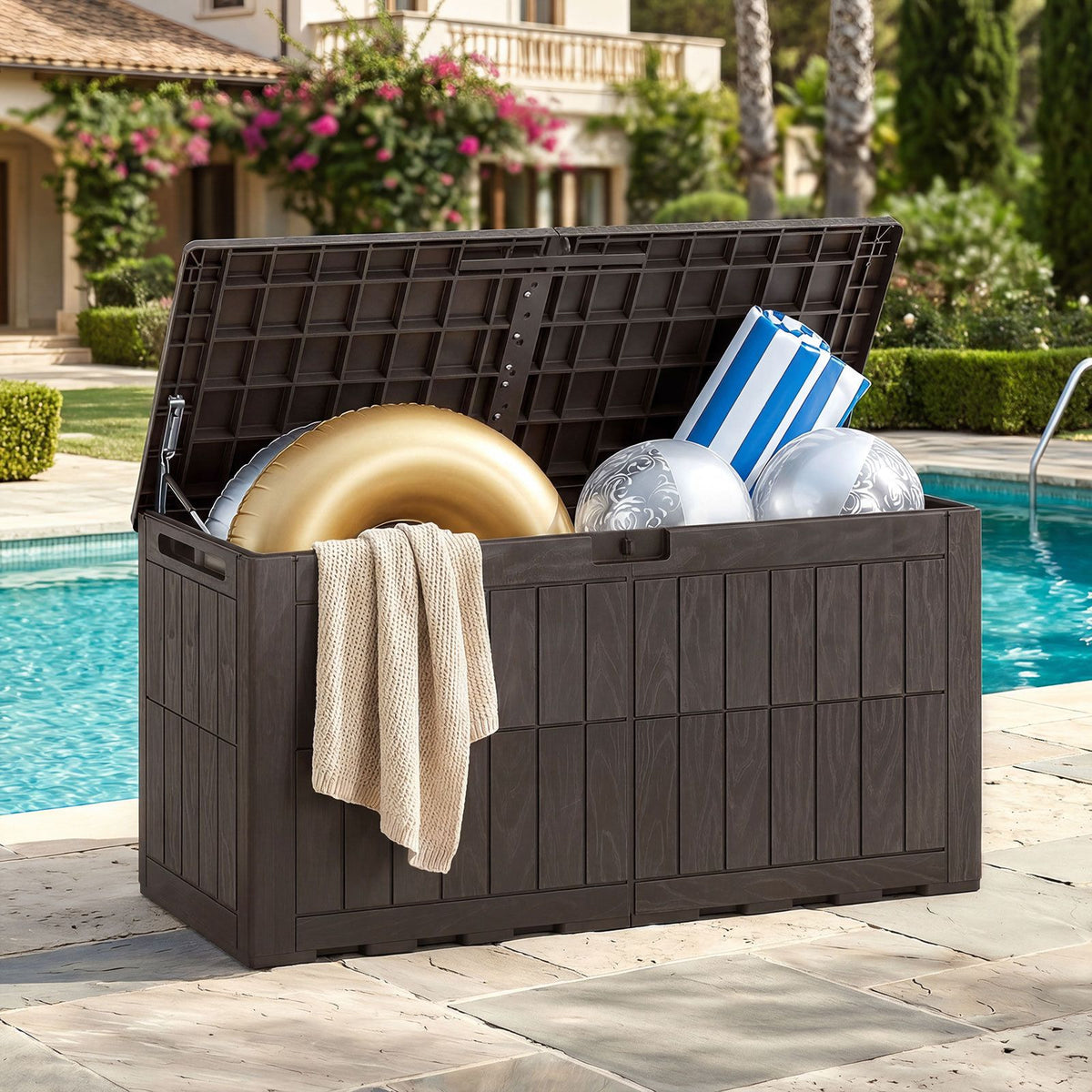 380/455L All Weather Patio Bench Storage Box Waterproof for Garden Tools