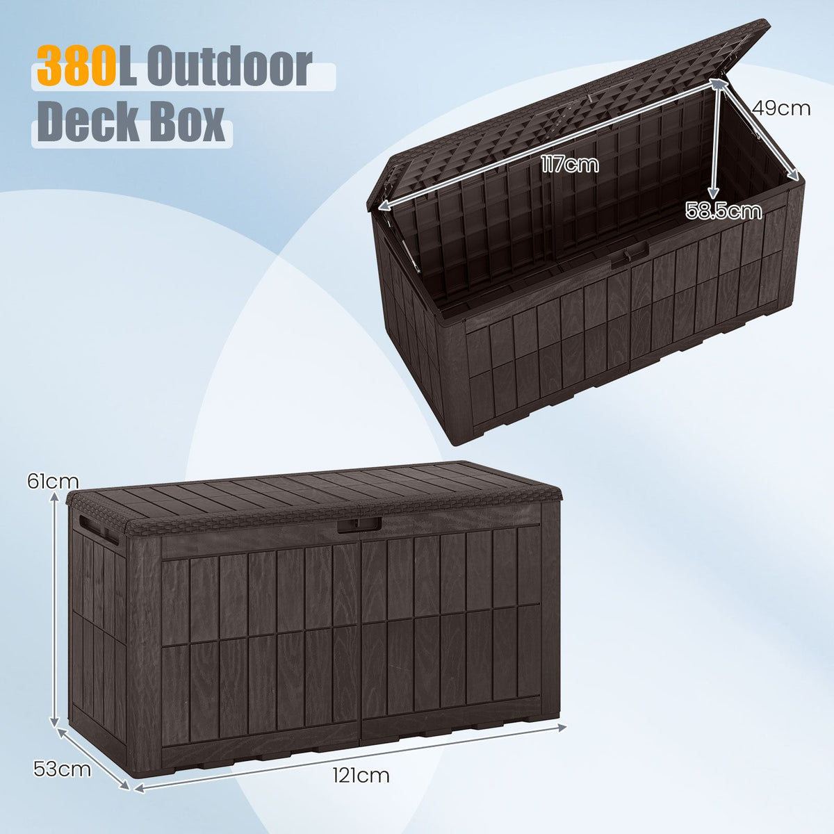 380/455L All Weather Patio Bench Storage Box Waterproof for Garden Tools
