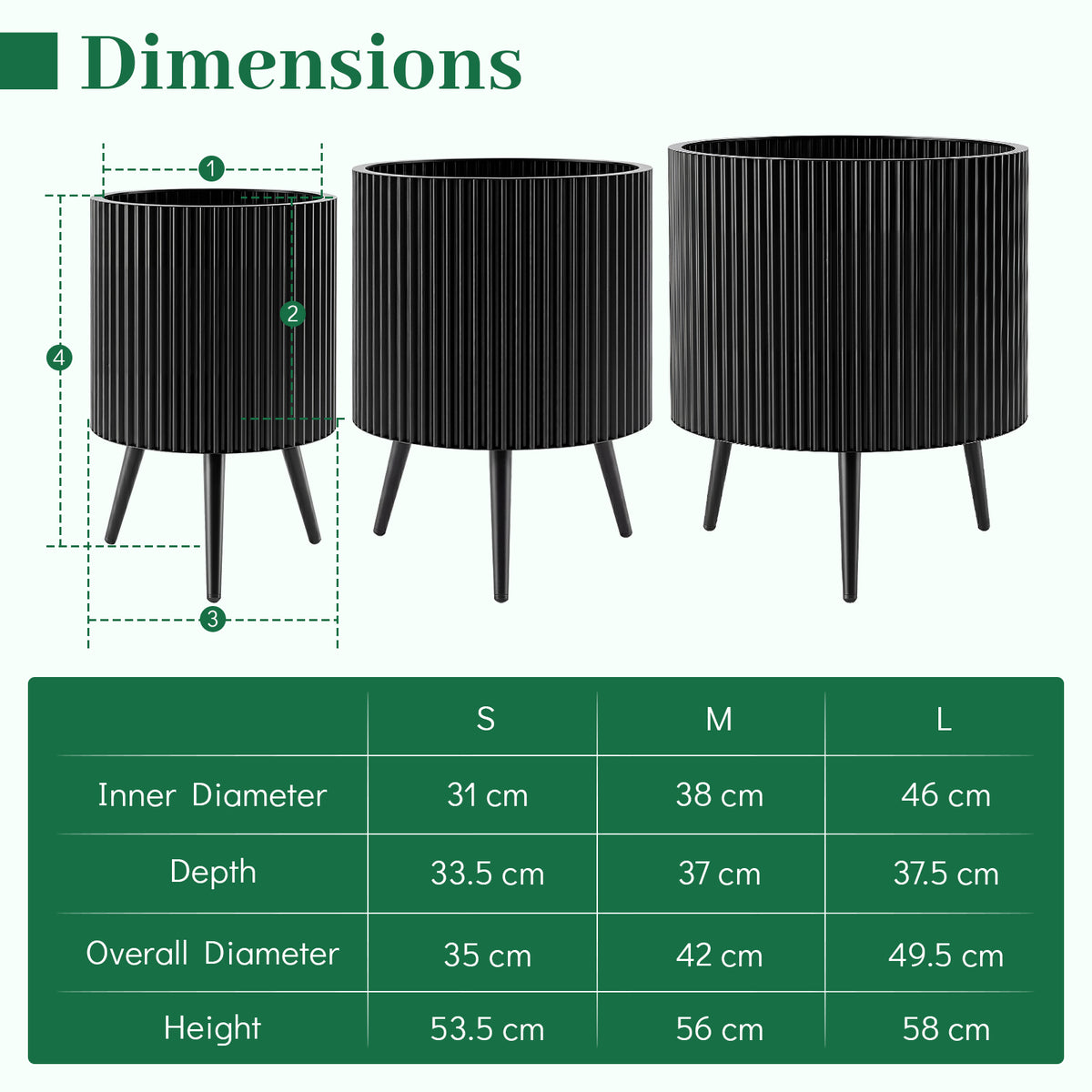 35/42/49.5cm Plant Pot with Stand, Mid-Century Modern Fluted Planter