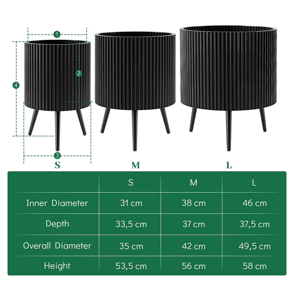 35/42/49.5cm Plant Pot with Stand, Mid-Century Modern Fluted Planter