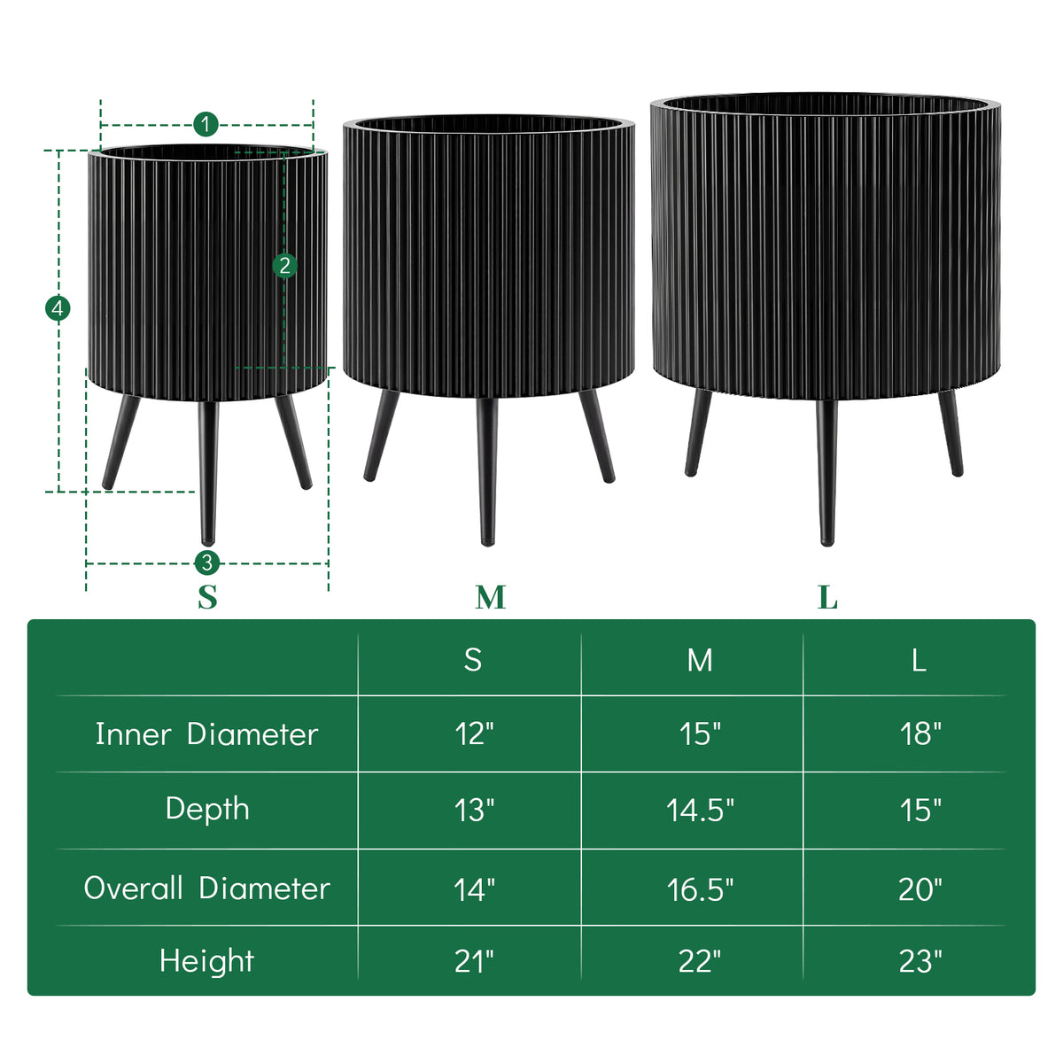 35/42/49.5cm Plant Pot with Stand, Mid-Century Modern Fluted Planter
