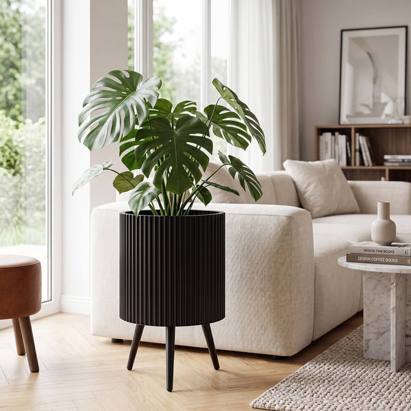 35/42/49.5cm Plant Pot with Stand, Mid-Century Modern Fluted Planter